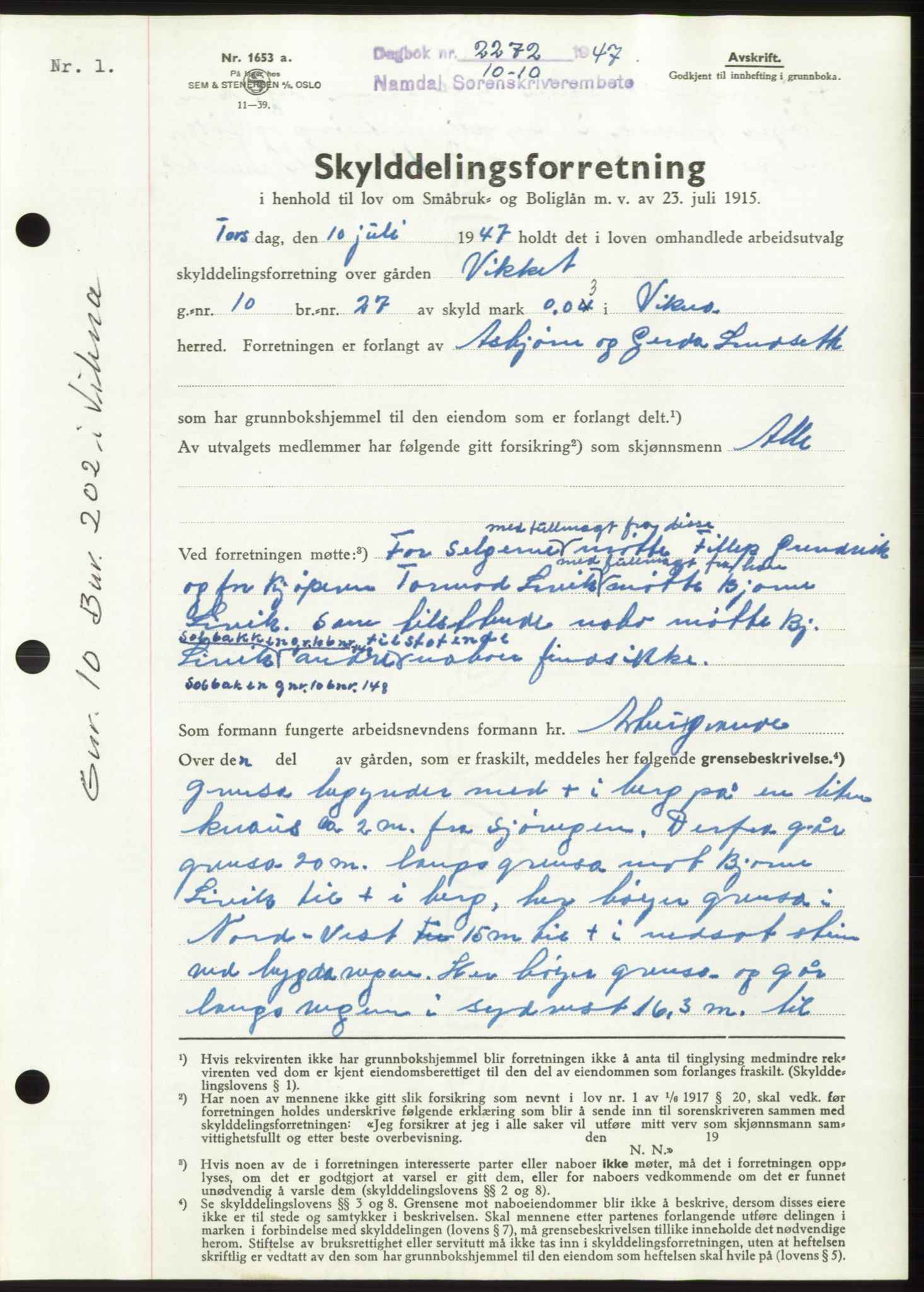 Namdal sorenskriveri, SAT/A-4133/1/2/2C: Pantebok nr. -, 1947-1947, Dagboknr: 2272/1947