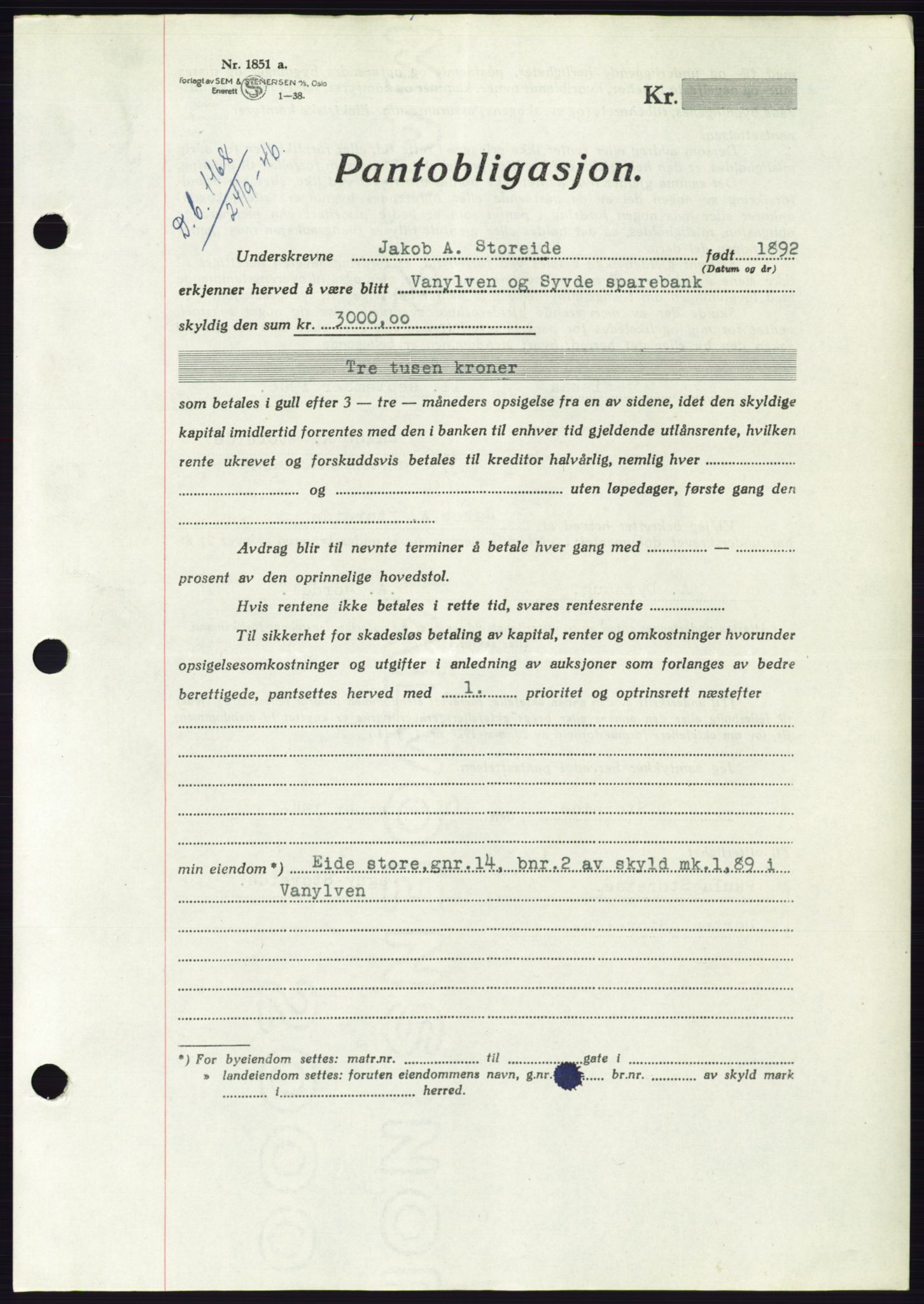 Søre Sunnmøre sorenskriveri, AV/SAT-A-4122/1/2/2C/L0114: Pantebok nr. 1-2B, 1943-1947, Dagboknr: 1168/1946