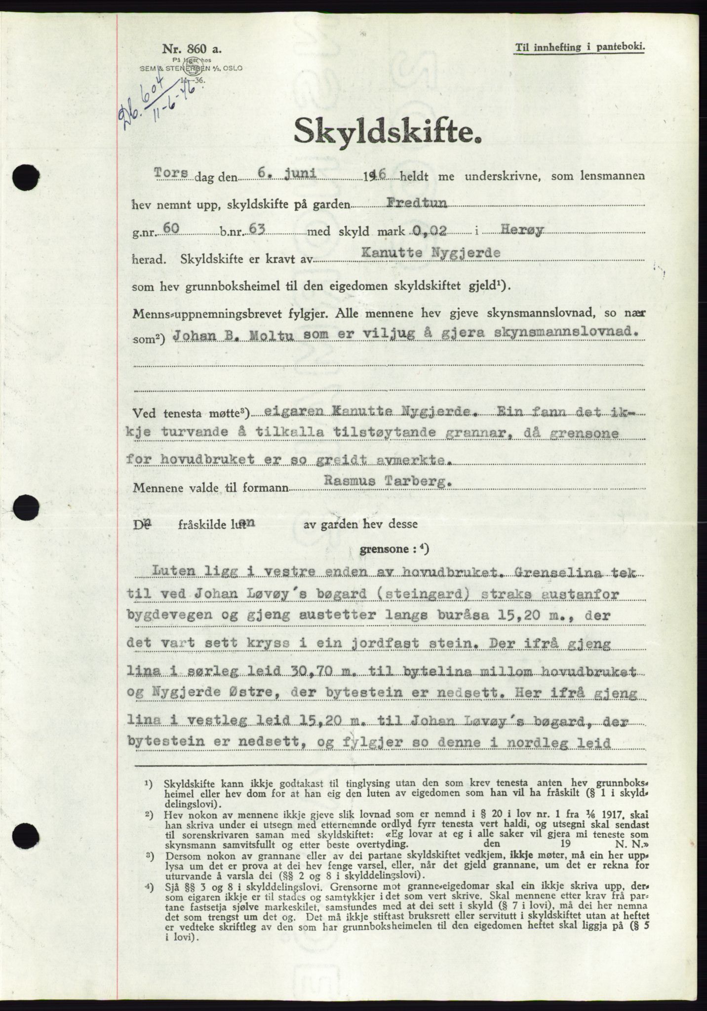 Søre Sunnmøre sorenskriveri, AV/SAT-A-4122/1/2/2C/L0078: Pantebok nr. 4A, 1946-1946, Dagboknr: 604/1946