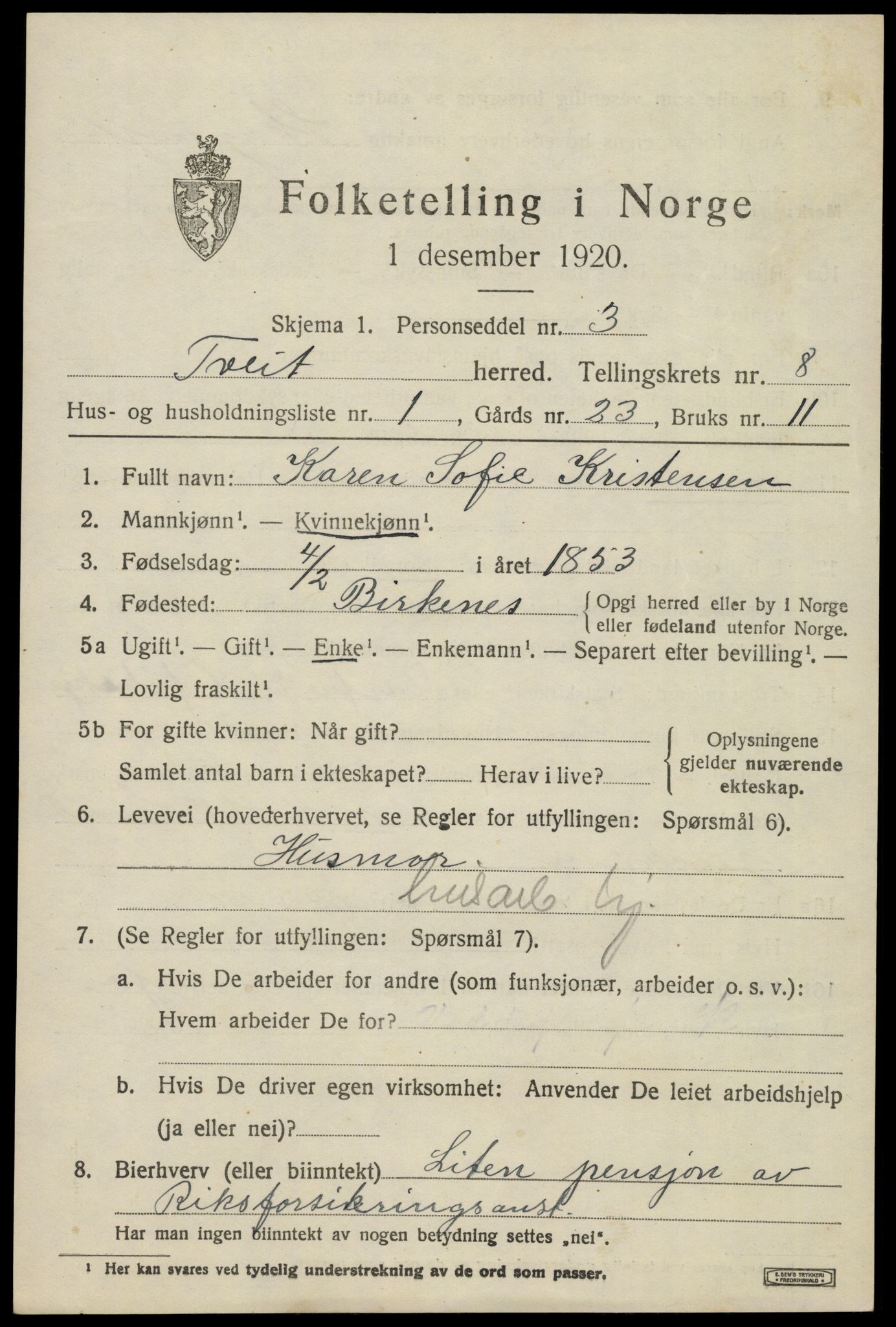 SAK, Folketelling 1920 for 1013 Tveit herred, 1920, s. 3490
