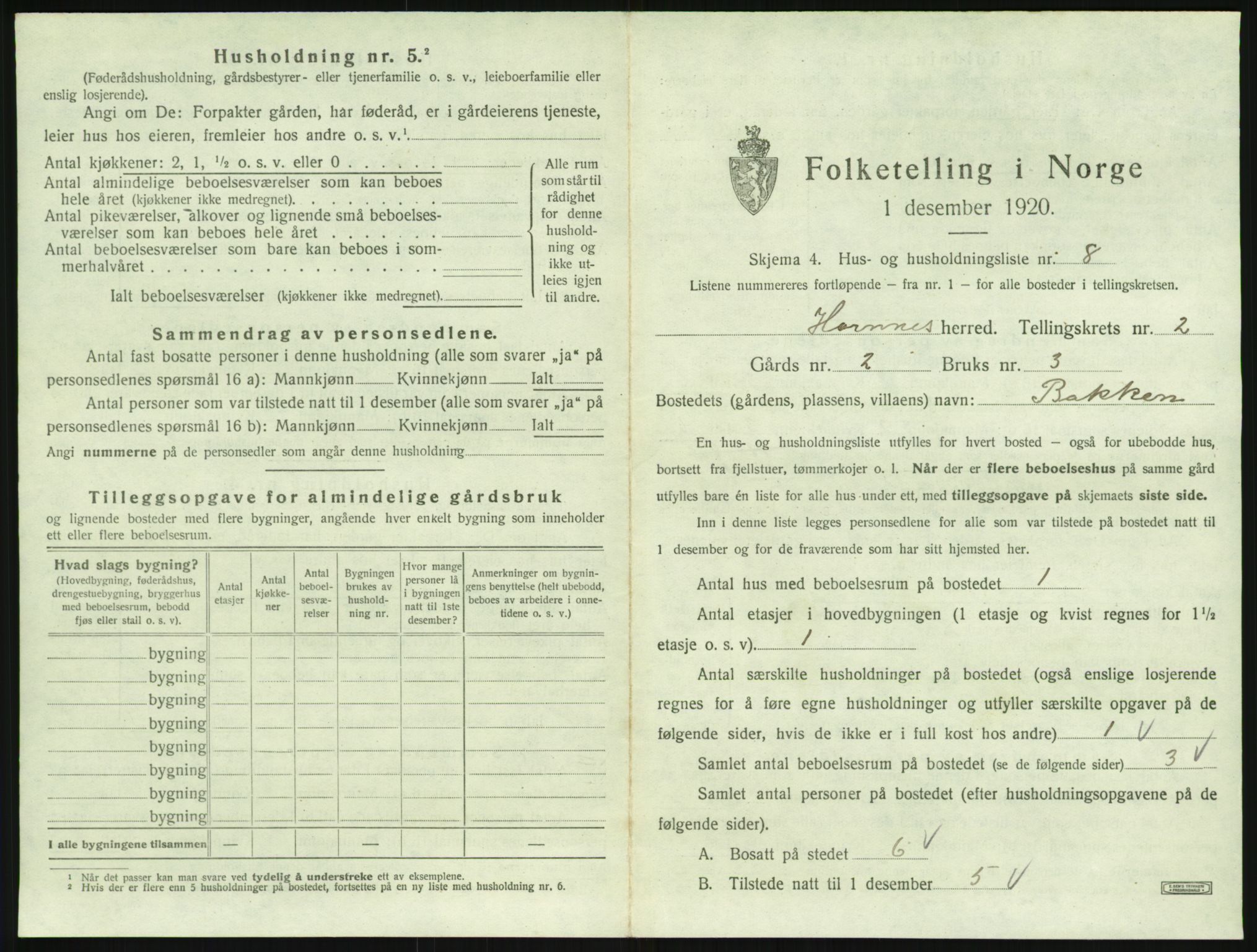 SAK, Folketelling 1920 for 0936 Hornnes herred, 1920, s. 105