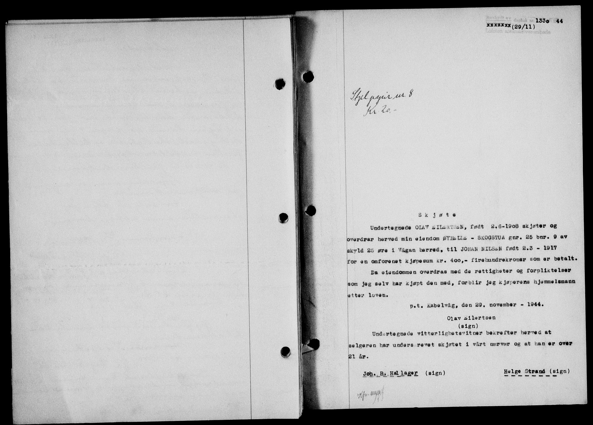 Lofoten sorenskriveri, SAT/A-0017/1/2/2C/L0012a: Pantebok nr. 12a, 1943-1944, Dagboknr: 1330/1944