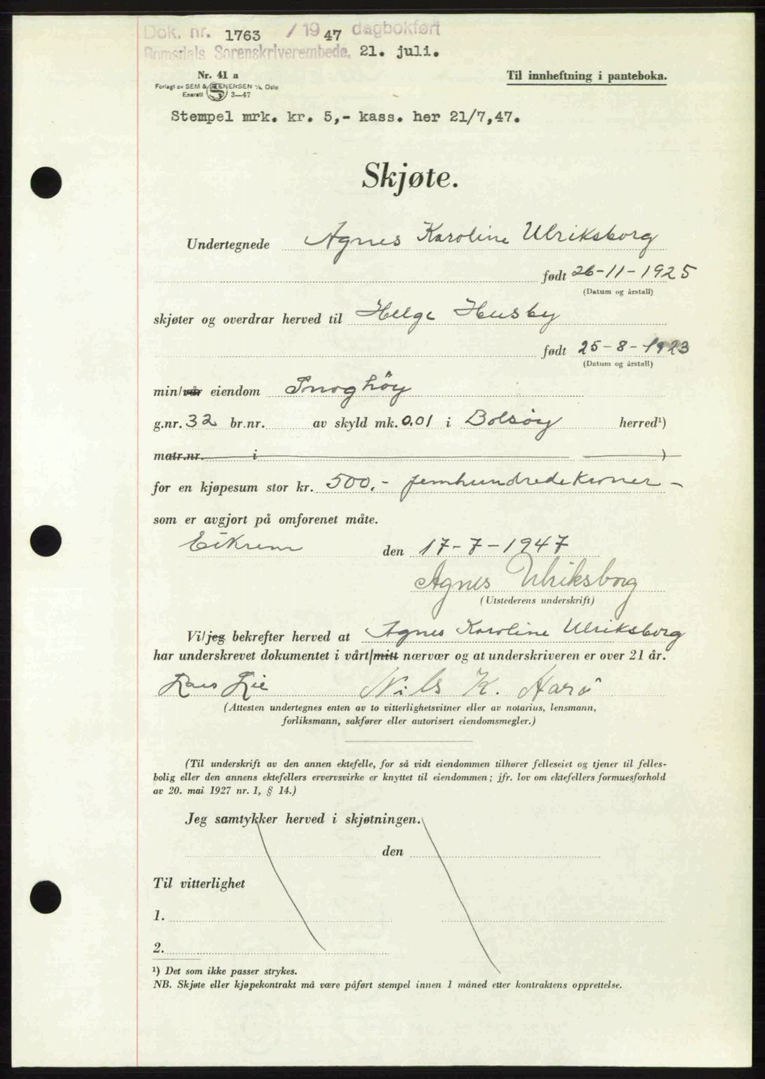 Romsdal sorenskriveri, AV/SAT-A-4149/1/2/2C: Pantebok nr. A23, 1947-1947, Dagboknr: 1763/1947