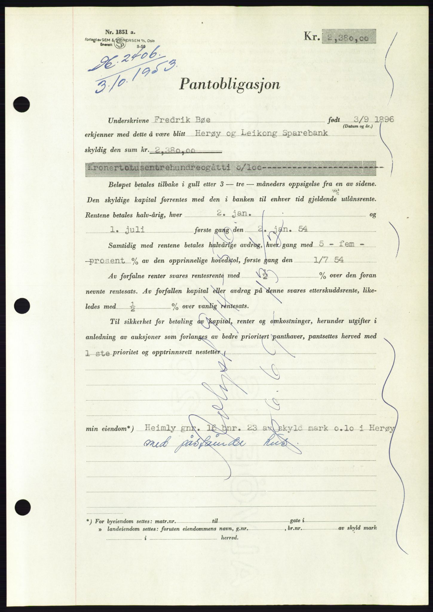Søre Sunnmøre sorenskriveri, AV/SAT-A-4122/1/2/2C/L0124: Pantebok nr. 12B, 1953-1954, Dagboknr: 2406/1953