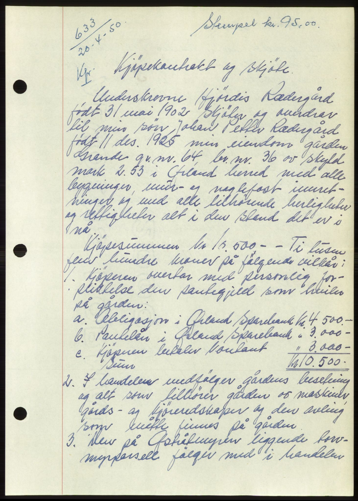 Fosen sorenskriveri, AV/SAT-A-1107/1/2/2C: Pantebok nr. A11, 1950-1950, Dagboknr: 633/1950