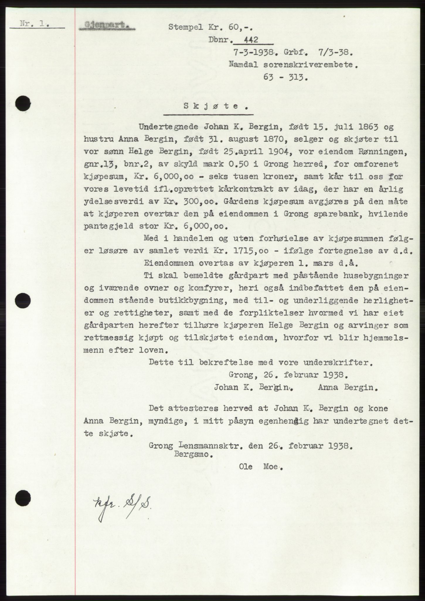Namdal sorenskriveri, SAT/A-4133/1/2/2C: Pantebok nr. -, 1937-1939, Tingl.dato: 07.03.1938