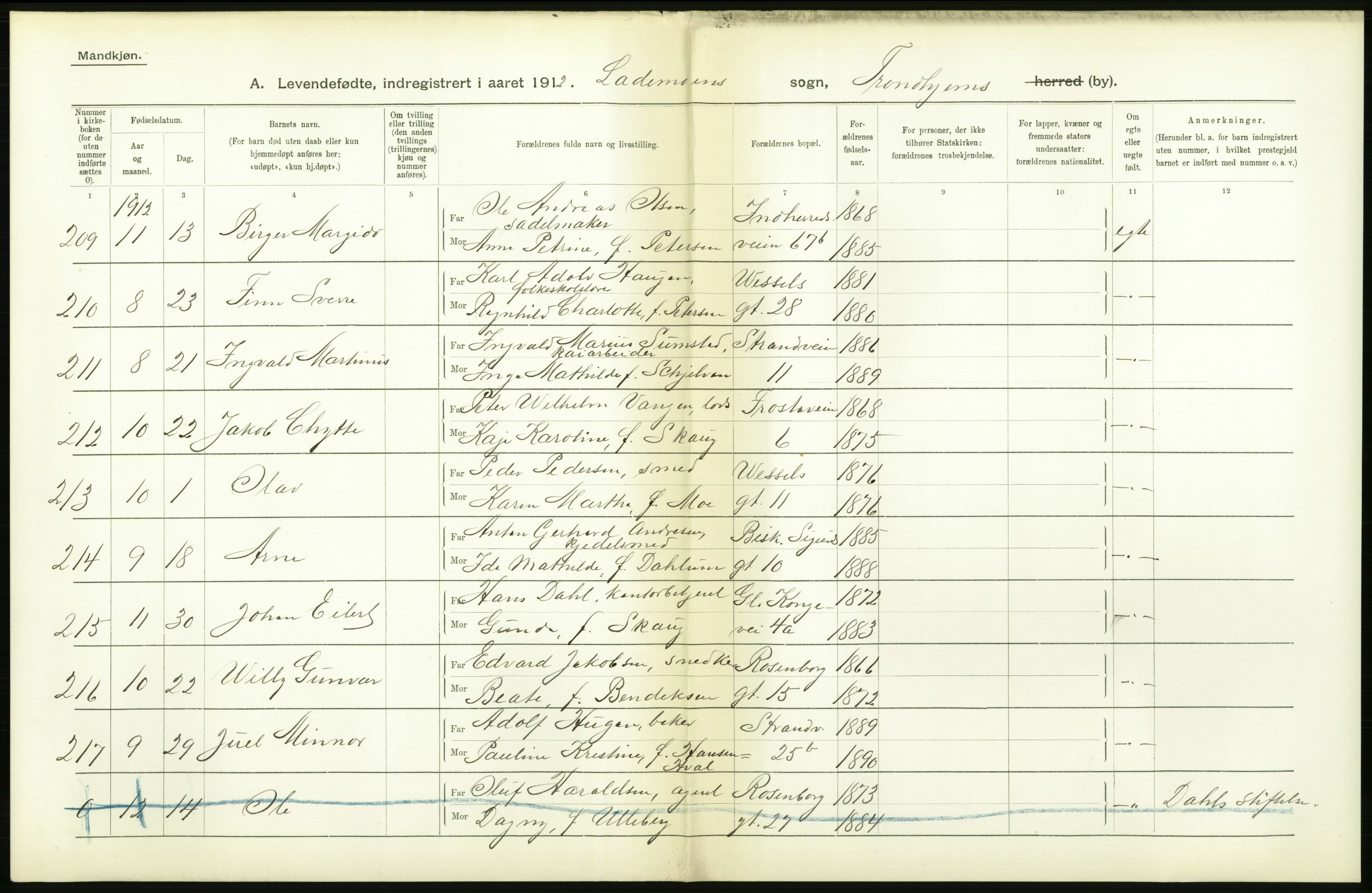 Statistisk sentralbyrå, Sosiodemografiske emner, Befolkning, AV/RA-S-2228/D/Df/Dfb/Dfbb/L0043: Trondhjem: Levendefødte menn og kvinner, gifte, døde, dødfødte., 1912, s. 22