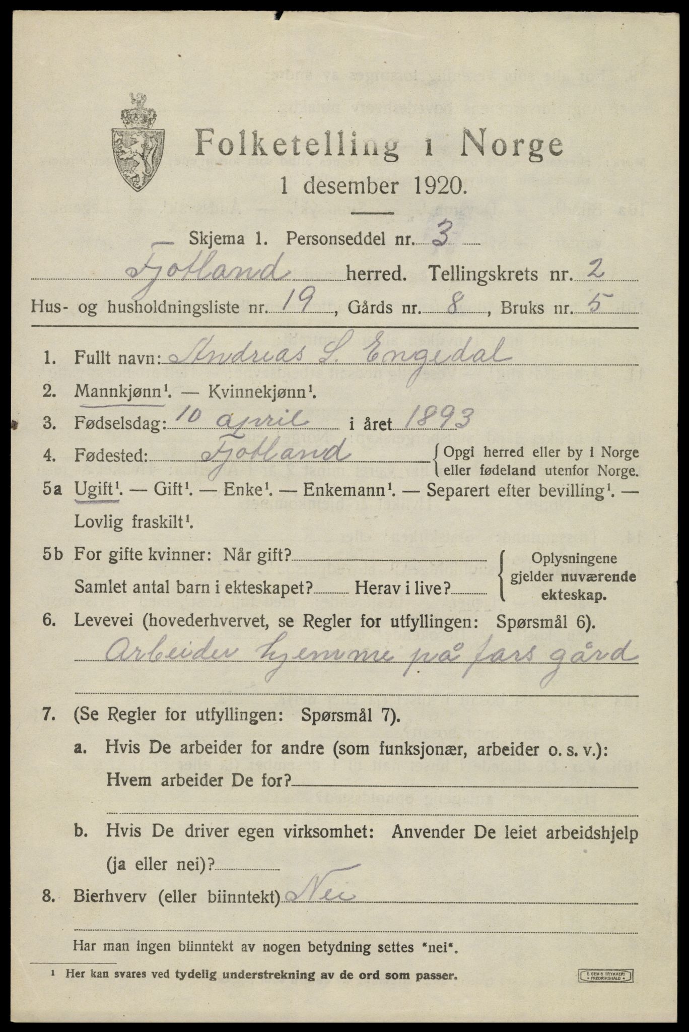 SAK, Folketelling 1920 for 1036 Fjotland herred, 1920, s. 880
