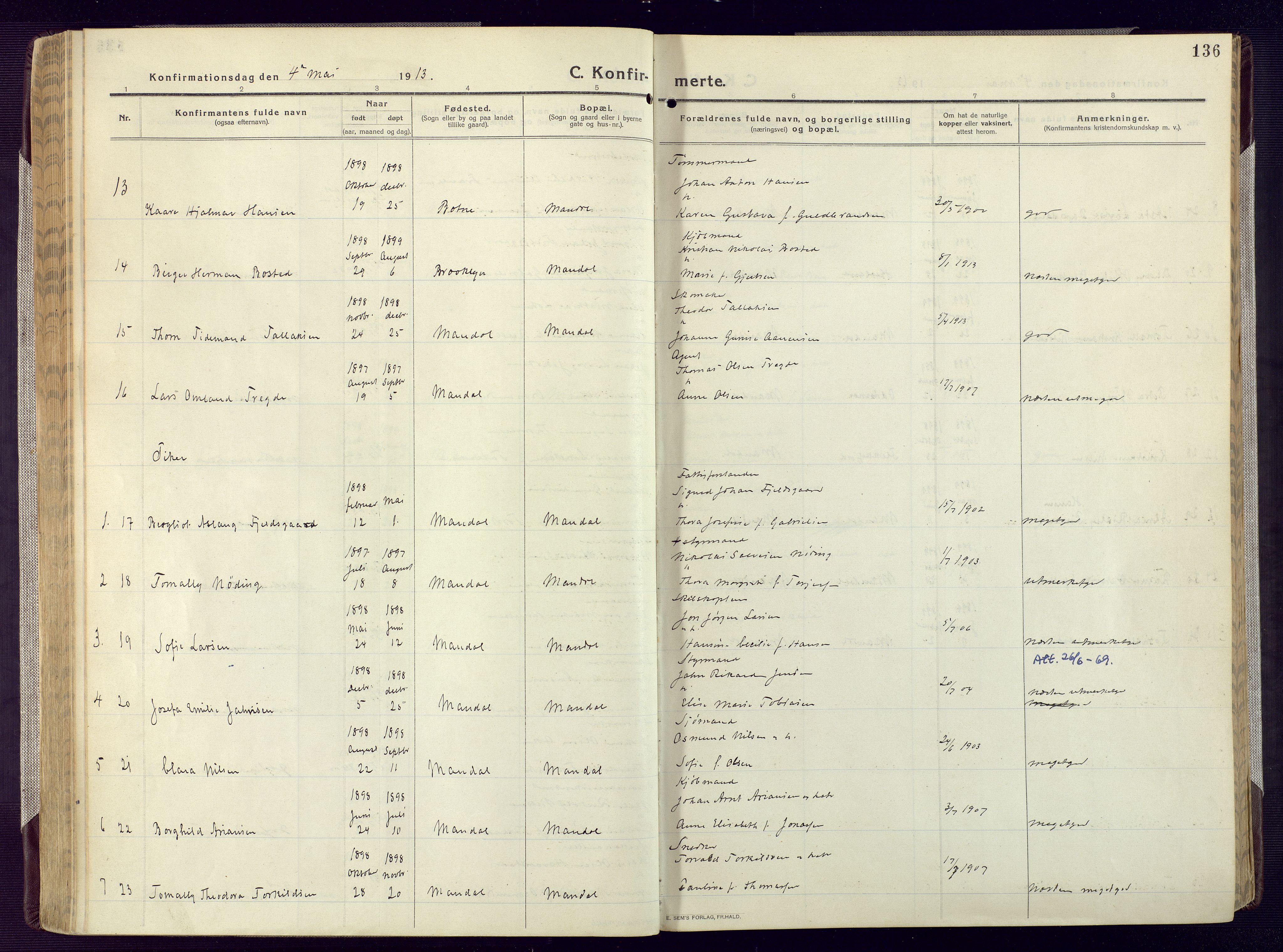 Mandal sokneprestkontor, SAK/1111-0030/F/Fa/Fac/L0001: Ministerialbok nr. A 1, 1913-1925, s. 136