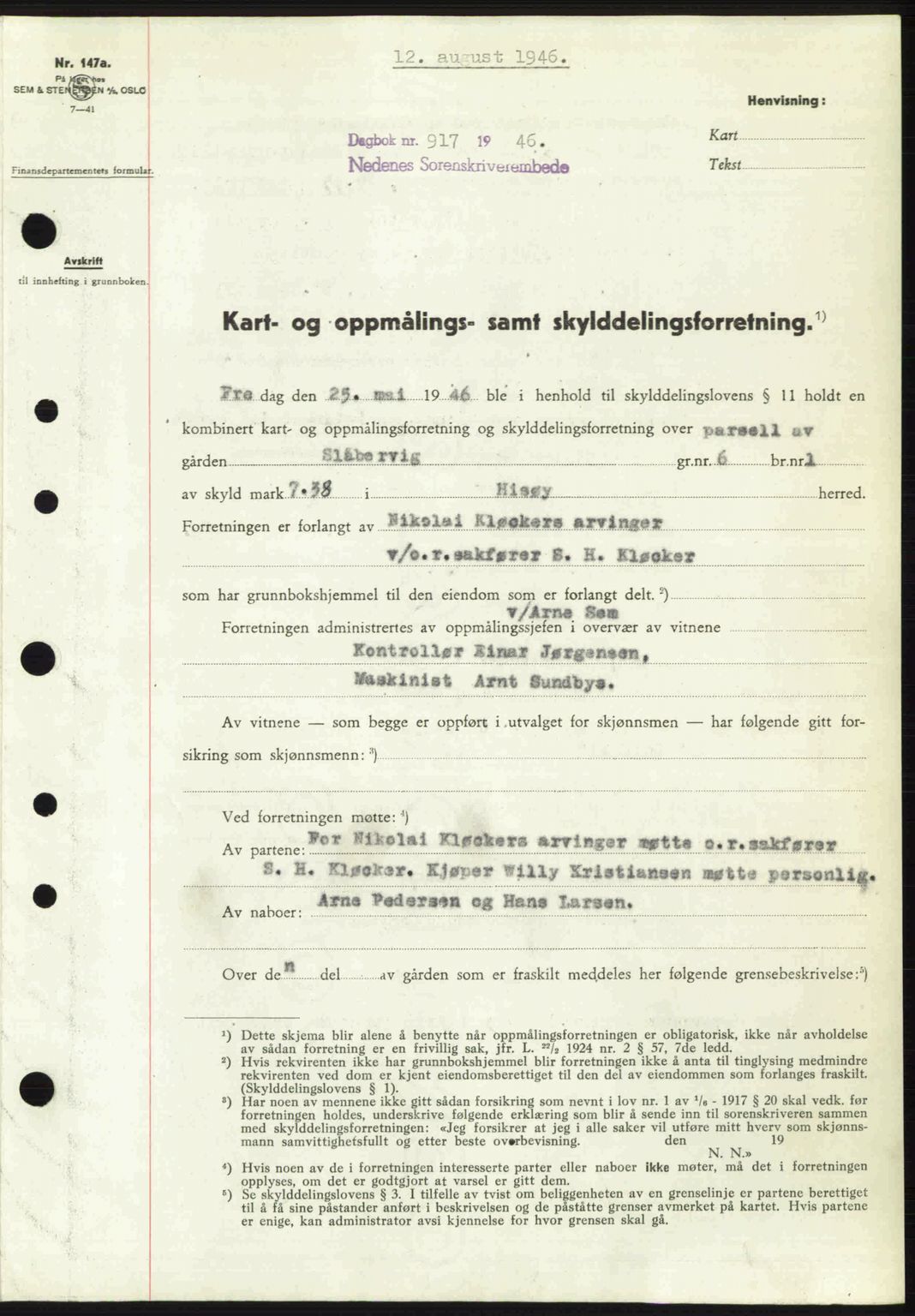 Nedenes sorenskriveri, AV/SAK-1221-0006/G/Gb/Gba/L0055: Pantebok nr. A7, 1946-1946, Dagboknr: 917/1946