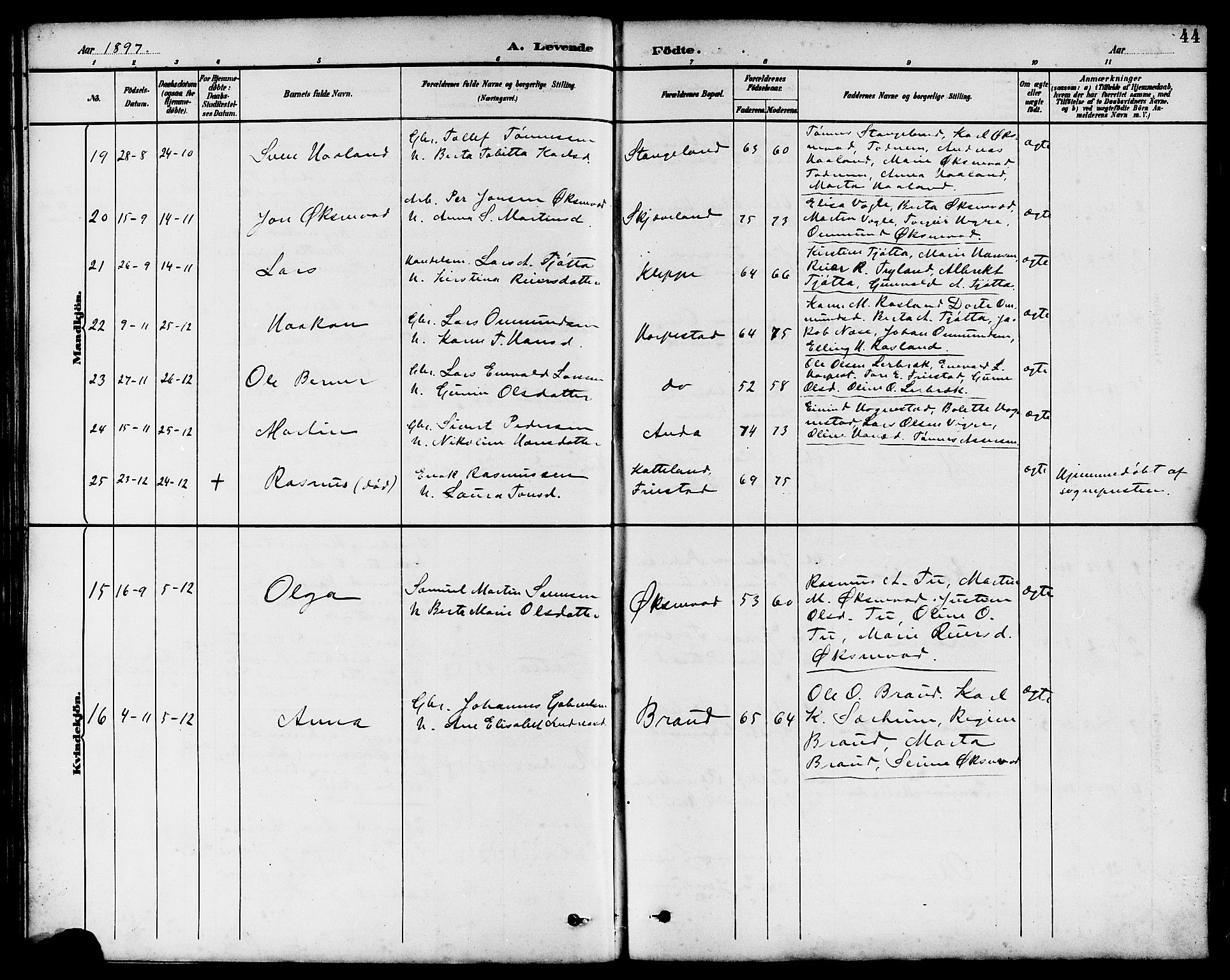 Klepp sokneprestkontor, SAST/A-101803/001/3/30BB/L0004: Klokkerbok nr. B 4, 1889-1914, s. 44