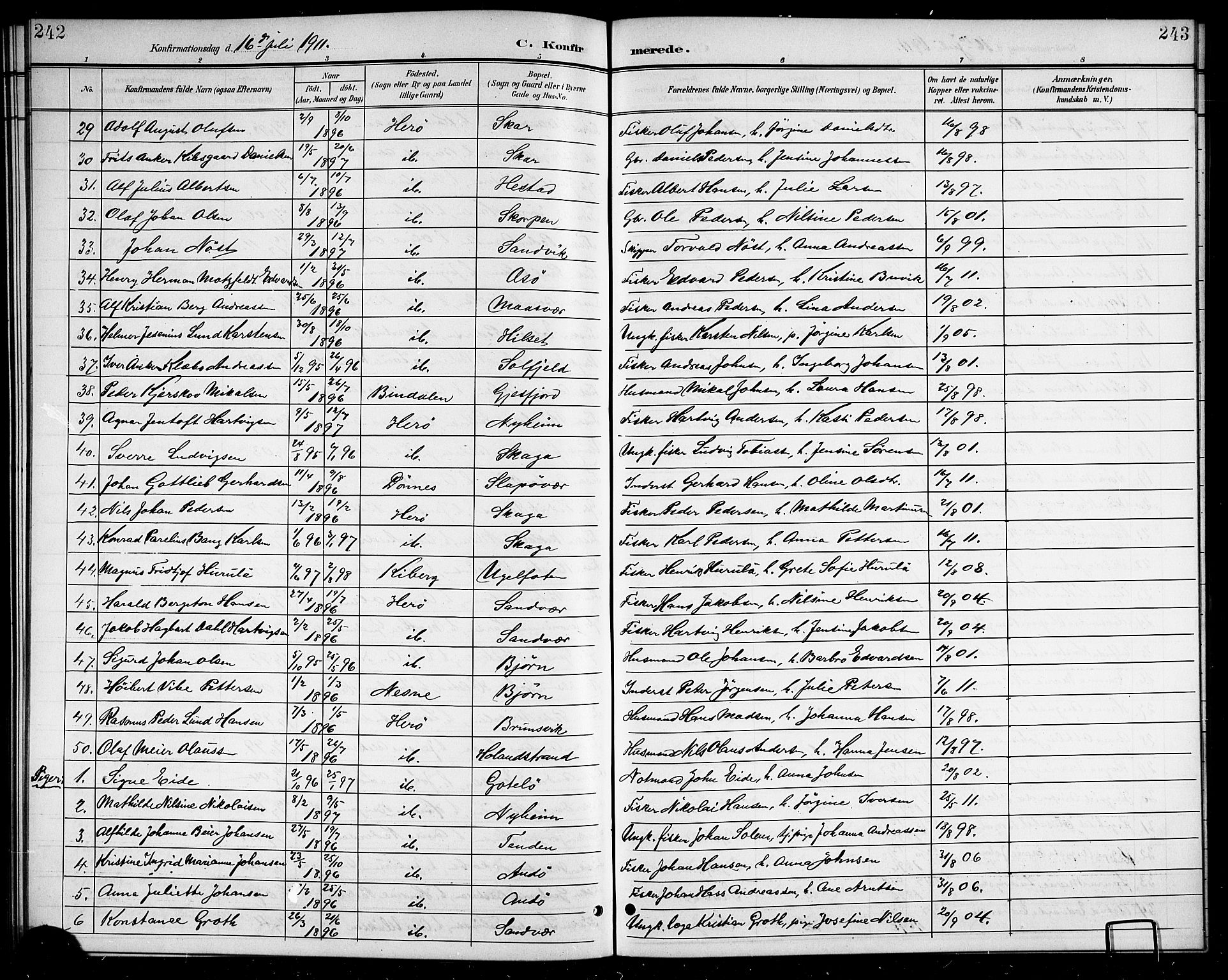 Ministerialprotokoller, klokkerbøker og fødselsregistre - Nordland, AV/SAT-A-1459/834/L0516: Klokkerbok nr. 834C06, 1902-1918, s. 242-243