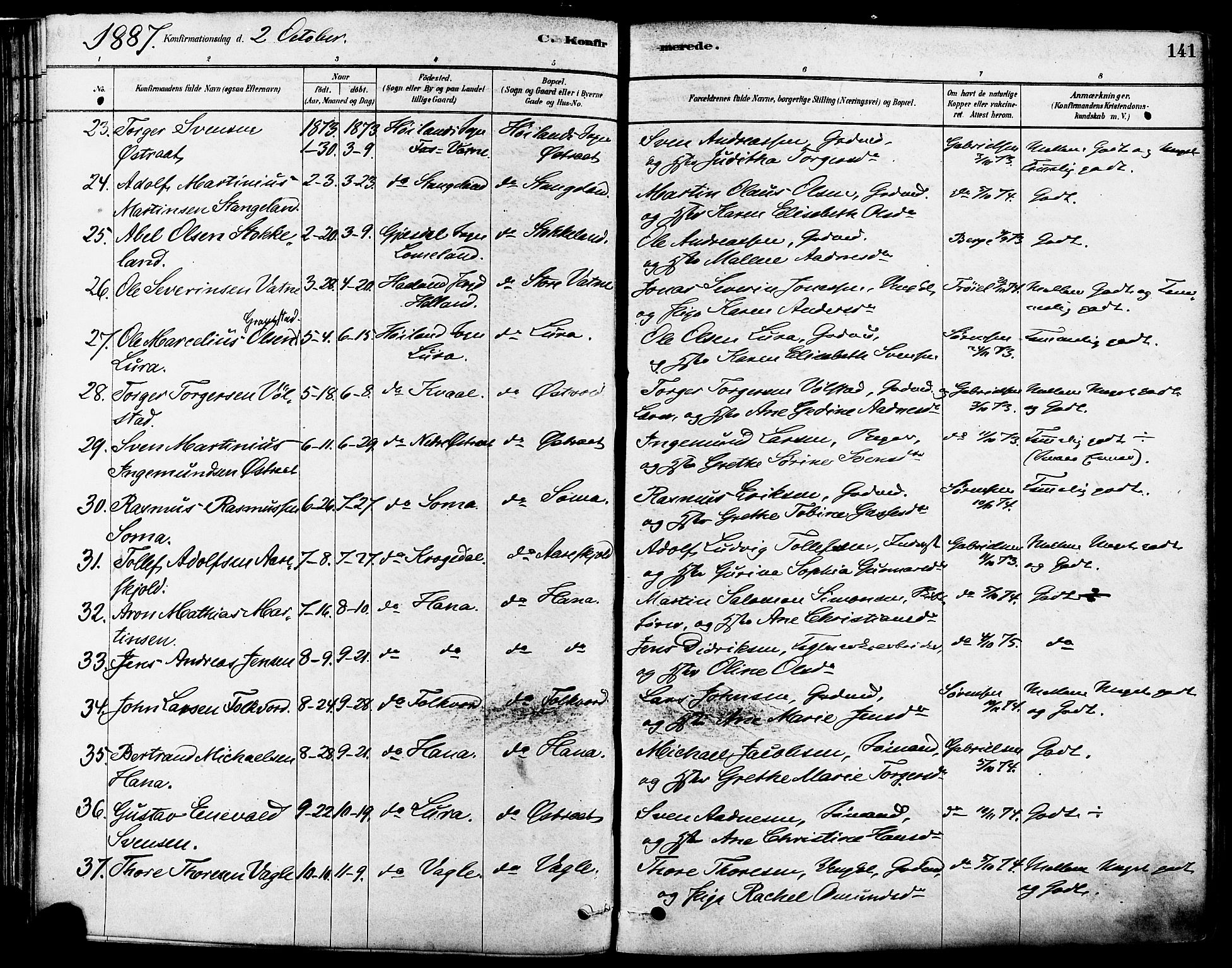 Høyland sokneprestkontor, AV/SAST-A-101799/001/30BA/L0011: Ministerialbok nr. A 10, 1878-1888, s. 141
