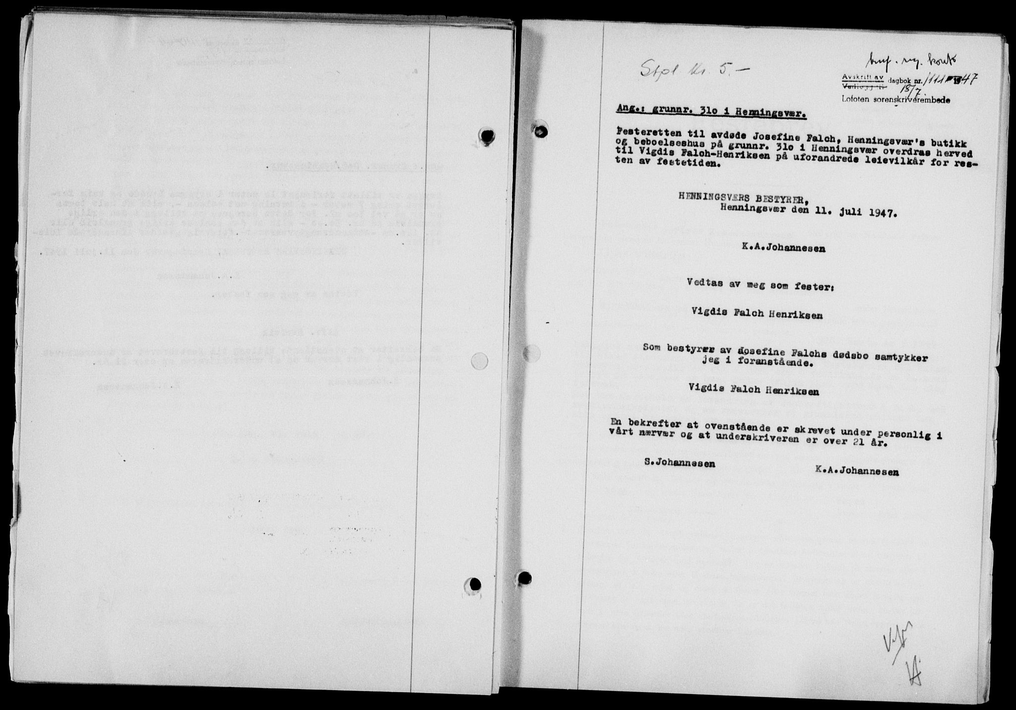Lofoten sorenskriveri, SAT/A-0017/1/2/2C/L0016a: Pantebok nr. 16a, 1947-1947, Dagboknr: 1111/1947