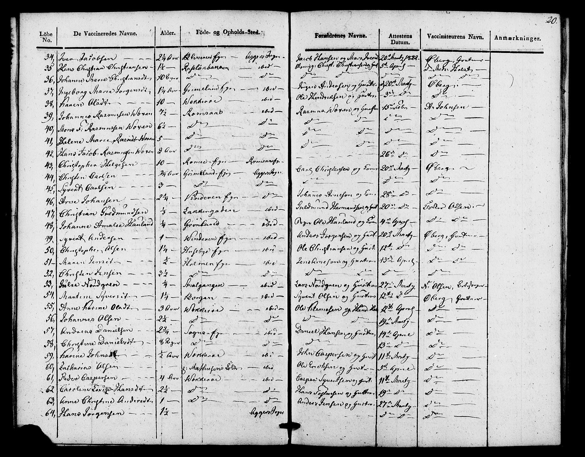 Aker prestekontor kirkebøker, AV/SAO-A-10861/F/L0021: Vaksinasjonsprotokoll nr. 21, 1819-1824, s. 20