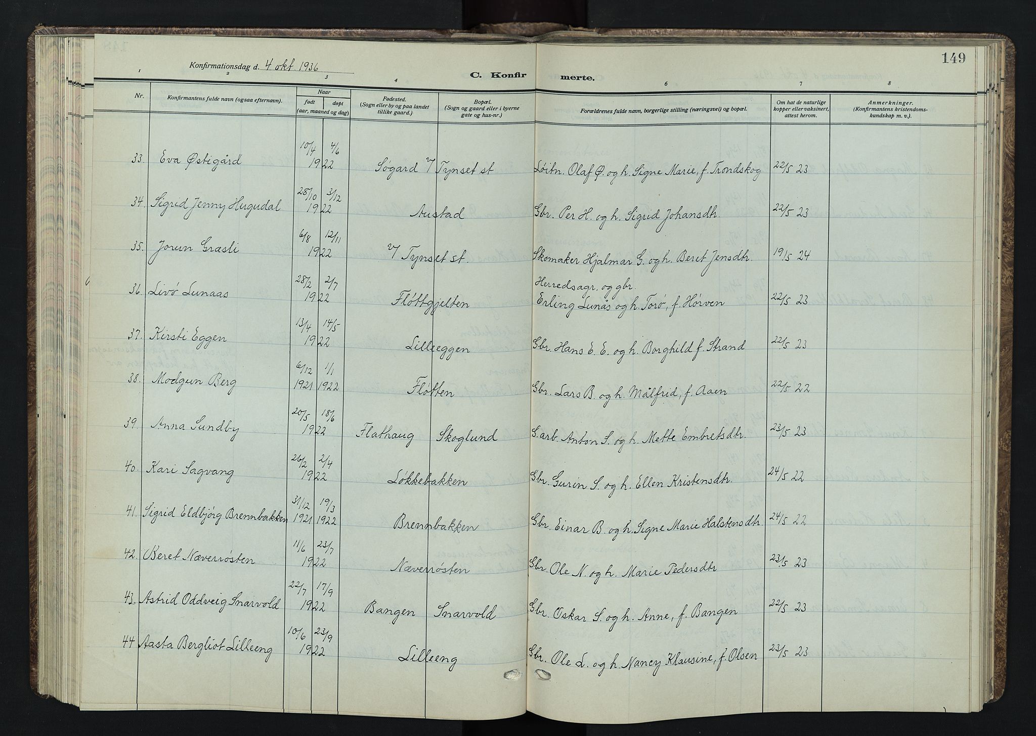 Tynset prestekontor, AV/SAH-PREST-058/H/Ha/Hab/L0012: Klokkerbok nr. 12, 1930-1944, s. 149