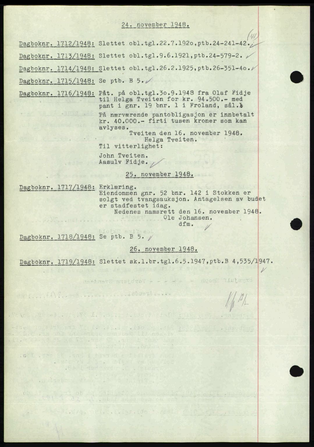 Nedenes sorenskriveri, SAK/1221-0006/G/Gb/Gba/L0060: Pantebok nr. A12, 1948-1949, Dagboknr: 1712/1948