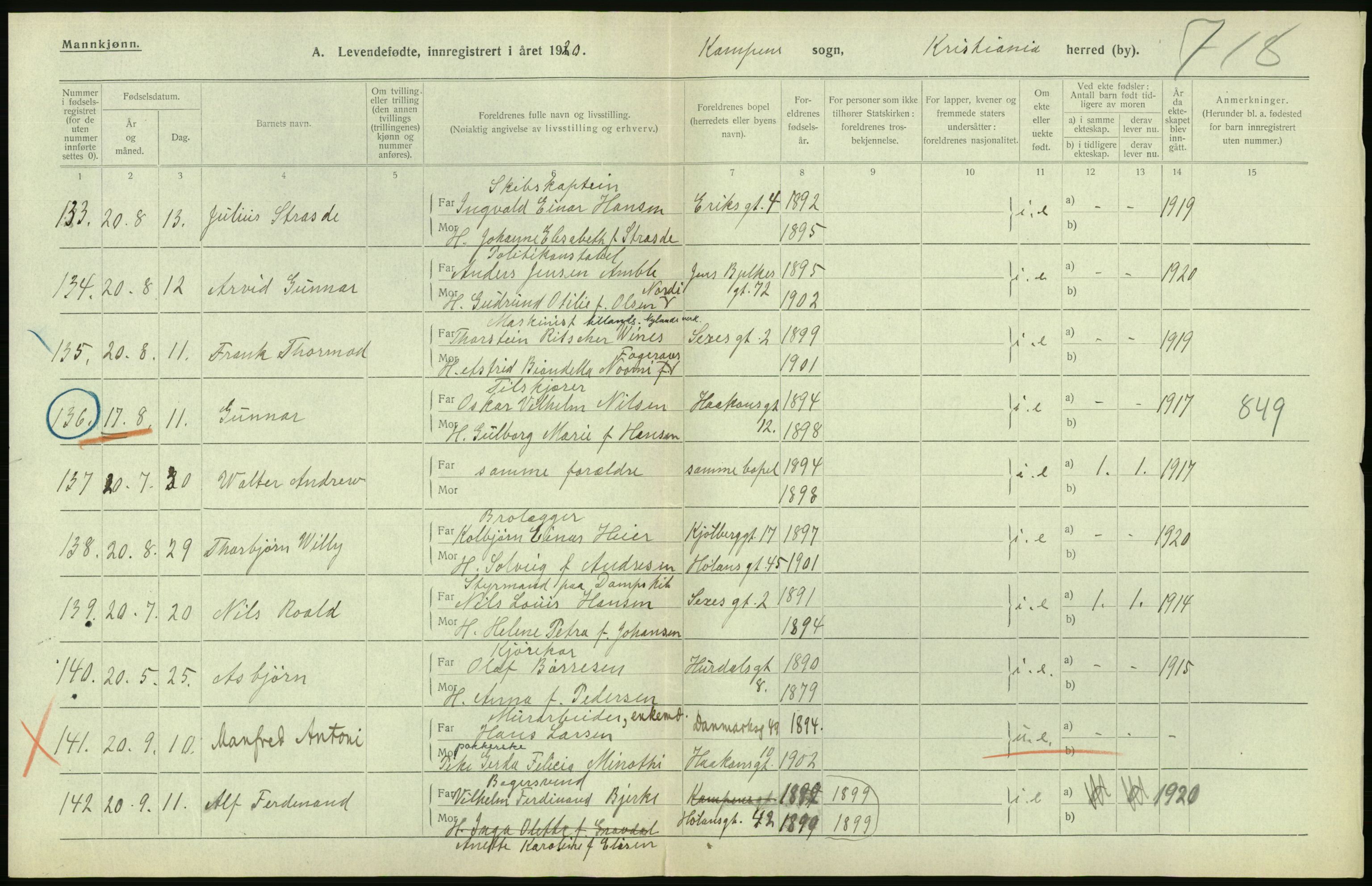 Statistisk sentralbyrå, Sosiodemografiske emner, Befolkning, RA/S-2228/D/Df/Dfb/Dfbj/L0008: Kristiania: Levendefødte menn og kvinner., 1920, s. 218