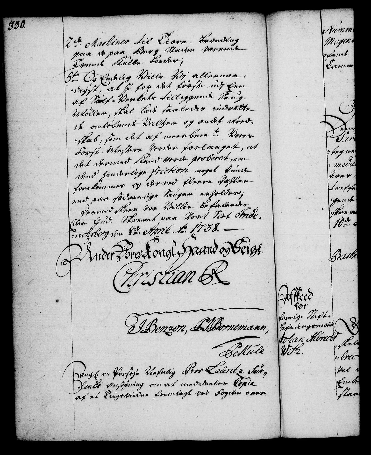 Rentekammeret, Kammerkanselliet, RA/EA-3111/G/Gg/Gga/L0004: Norsk ekspedisjonsprotokoll med register (merket RK 53.4), 1734-1741, s. 330
