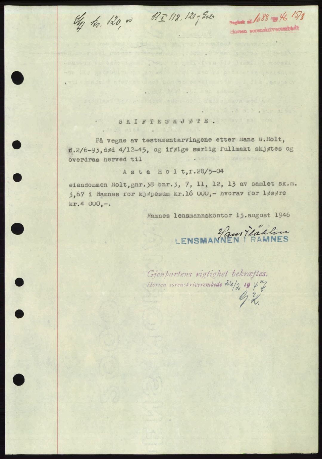 Horten sorenskriveri, SAKO/A-133/G/Ga/Gaa/L0008: Pantebok nr. A-8, 1946-1947, Dagboknr: 1088/1946