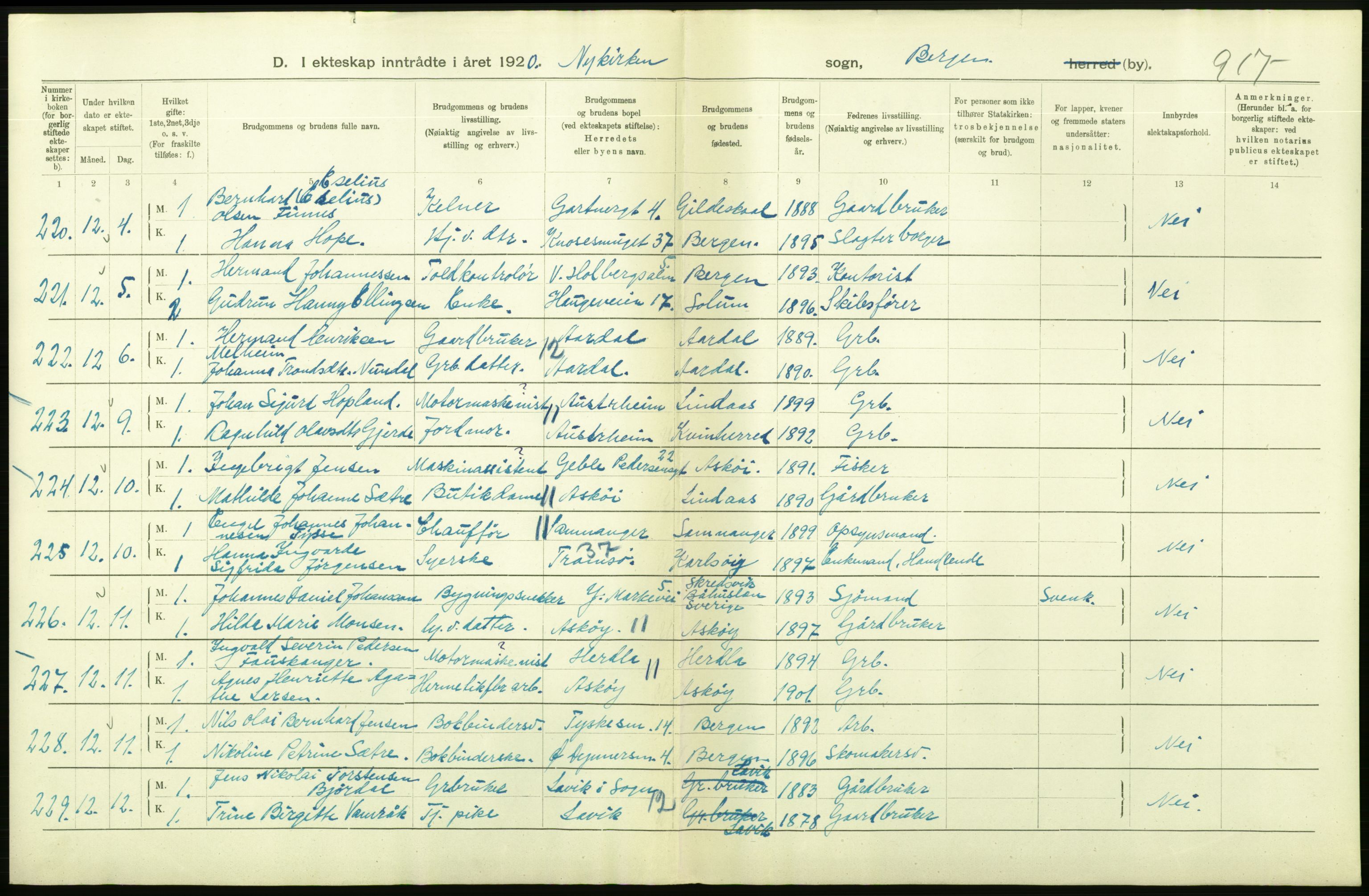 Statistisk sentralbyrå, Sosiodemografiske emner, Befolkning, AV/RA-S-2228/D/Df/Dfb/Dfbj/L0042: Bergen: Gifte, døde, dødfødte., 1920, s. 106