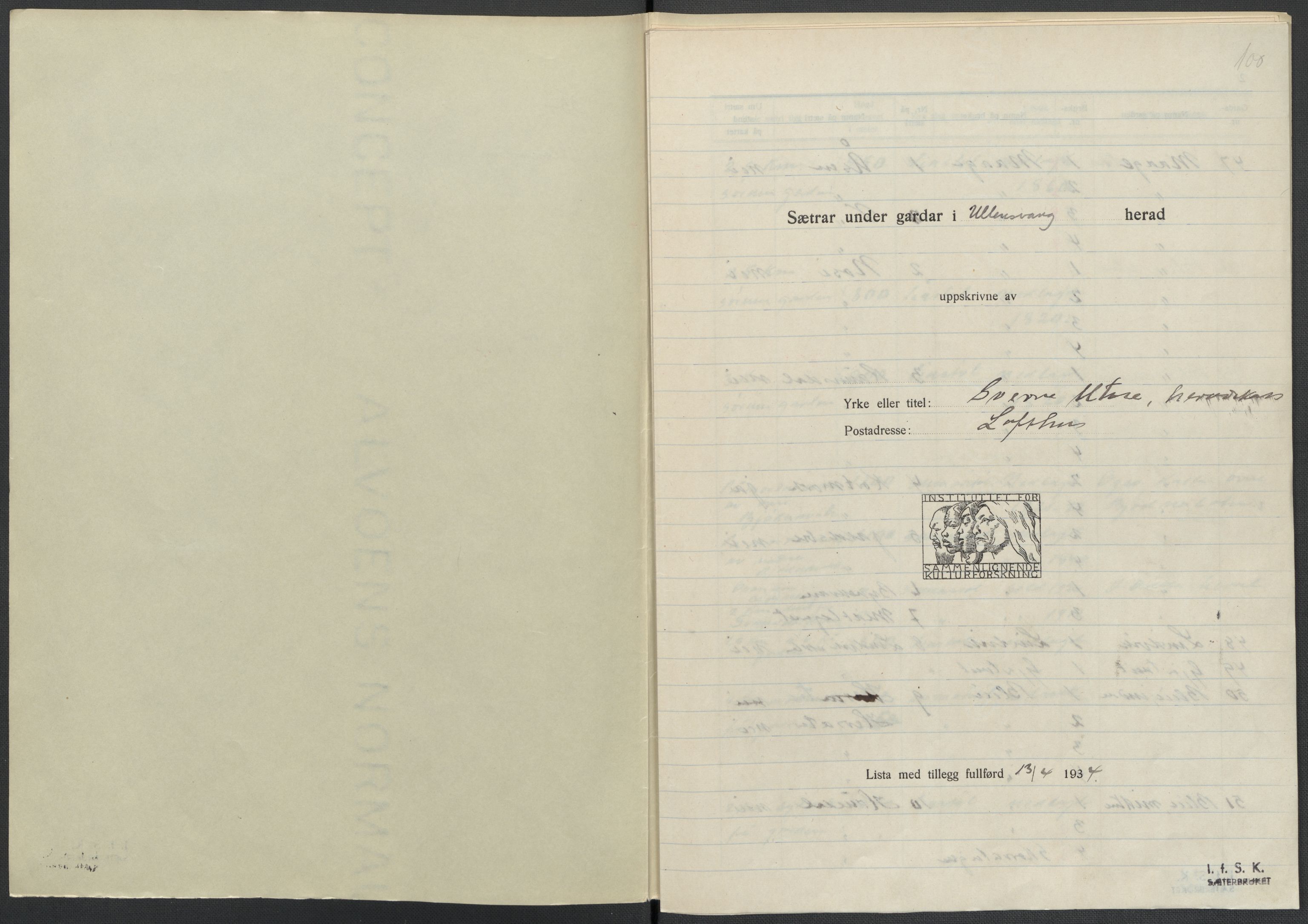 Instituttet for sammenlignende kulturforskning, AV/RA-PA-0424/F/Fc/L0010/0002: Eske B10: / Hordaland (perm XXVI), 1932-1935, s. 100