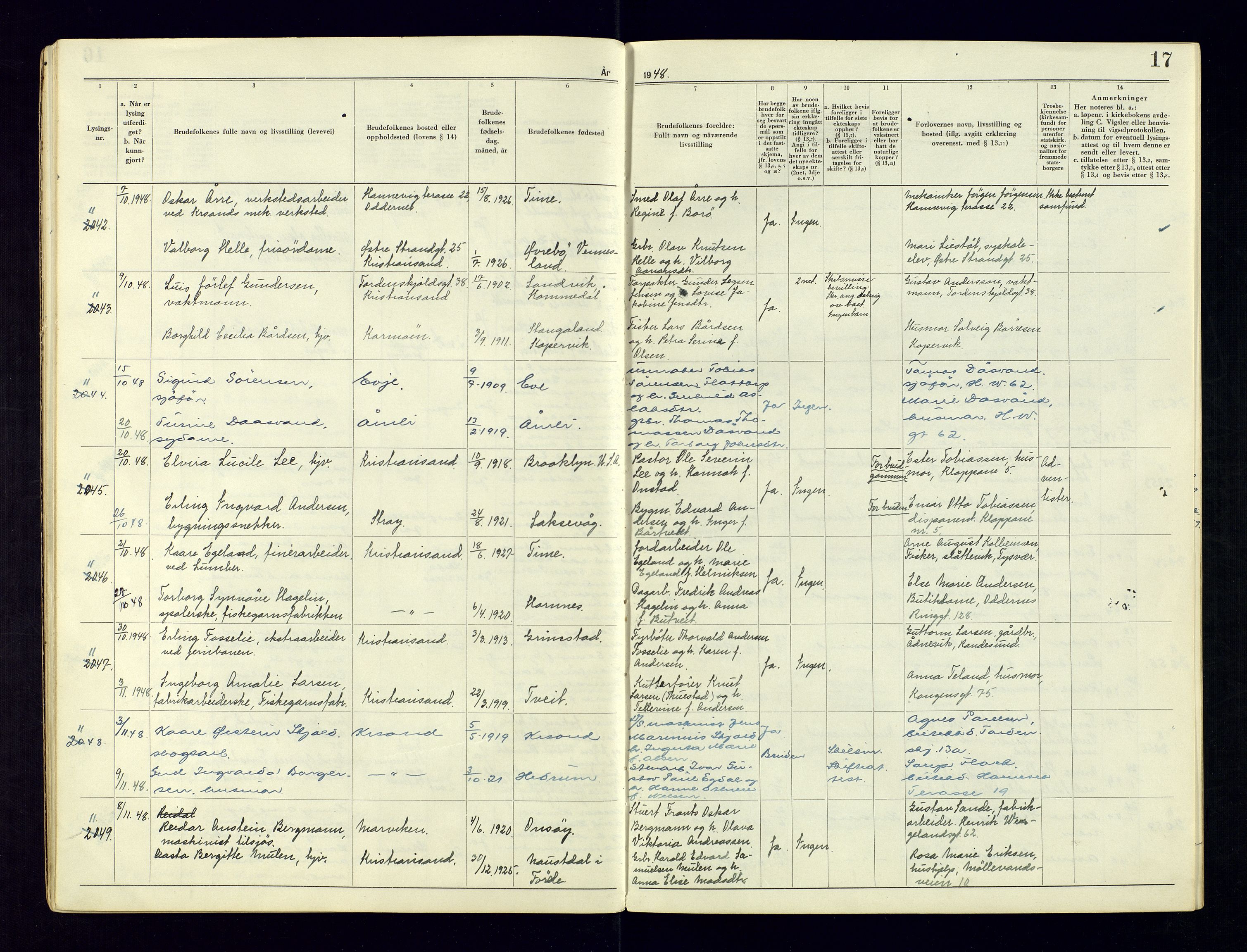 Kristiansand byrett - 2, AV/SAK-1223-0002/I/Ib/L0149/0004: Vigselbøker og lysningsbøker / Lysningsbok, 1946-1961, s. 17