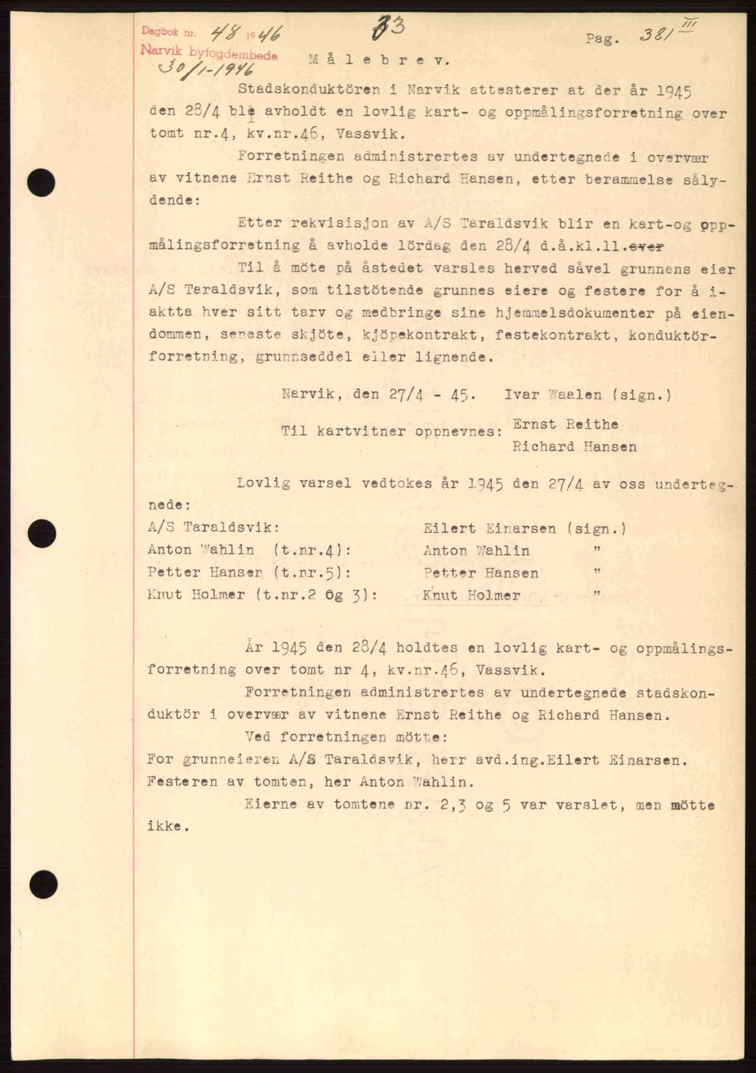 Narvik sorenskriveri, SAT/A-0002/1/2/2C/2Ca: Pantebok nr. A21, 1946-1947, Dagboknr: 48/1946