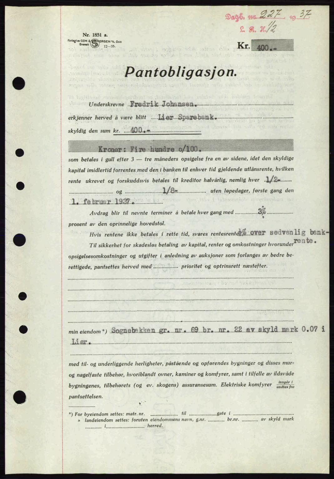 Lier, Røyken og Hurum sorenskriveri, SAKO/A-89/G/Ga/Gab/L0056: Pantebok nr. 56, 1937-1937, Dagboknr: 227/1937