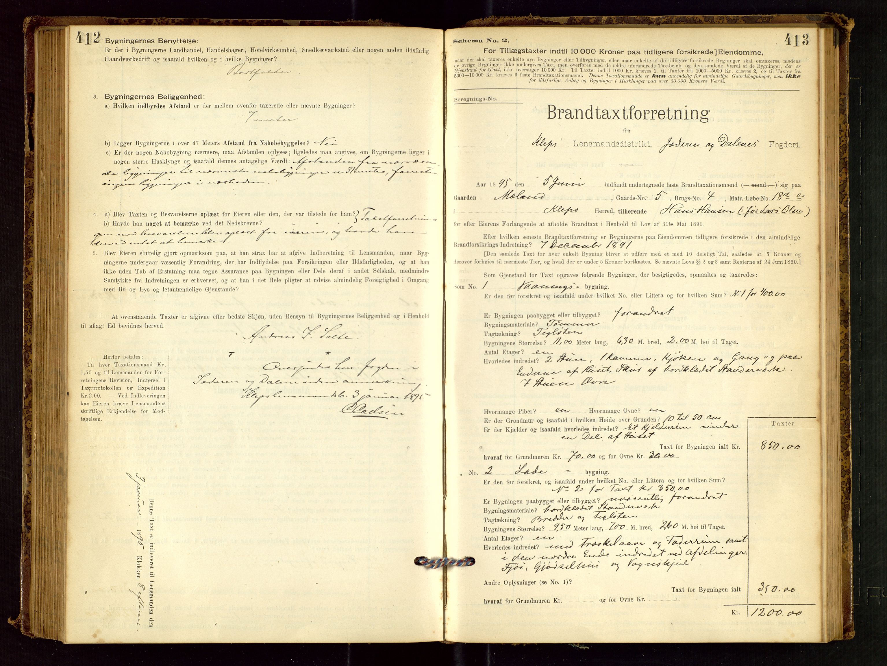 Klepp lensmannskontor, SAST/A-100163/Goc/L0001: "Brandtaxationsprotokol" m/register, 1895-1898, s. 412-413