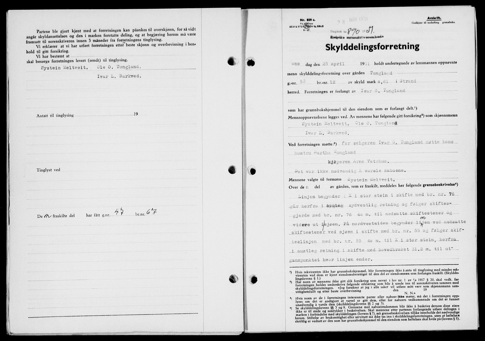 Ryfylke tingrett, SAST/A-100055/001/II/IIB/L0113: Pantebok nr. 92, 1951-1951, Dagboknr: 890/1951