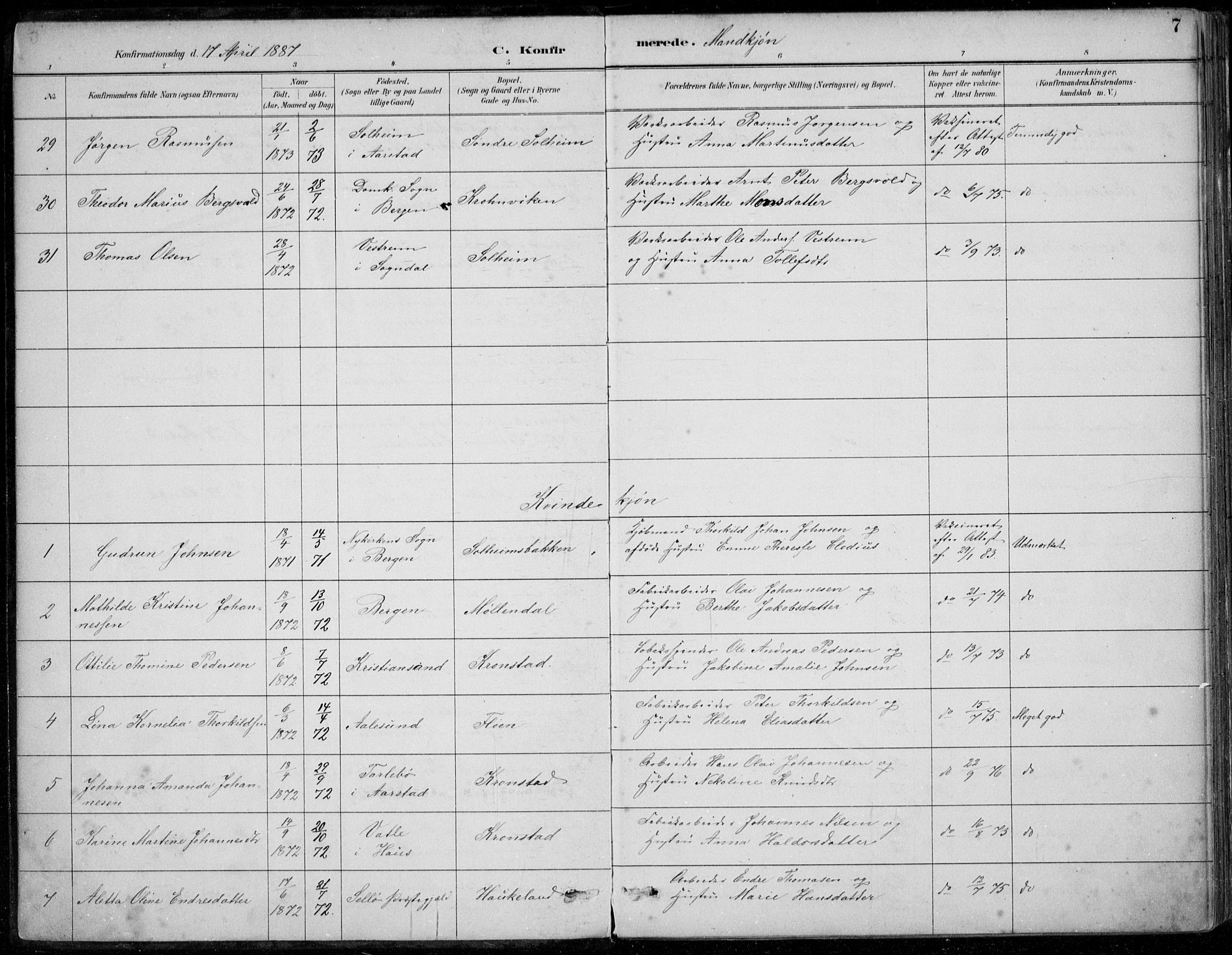 Årstad Sokneprestembete, AV/SAB-A-79301/H/Haa/L0006: Ministerialbok nr. B 1, 1886-1901, s. 7