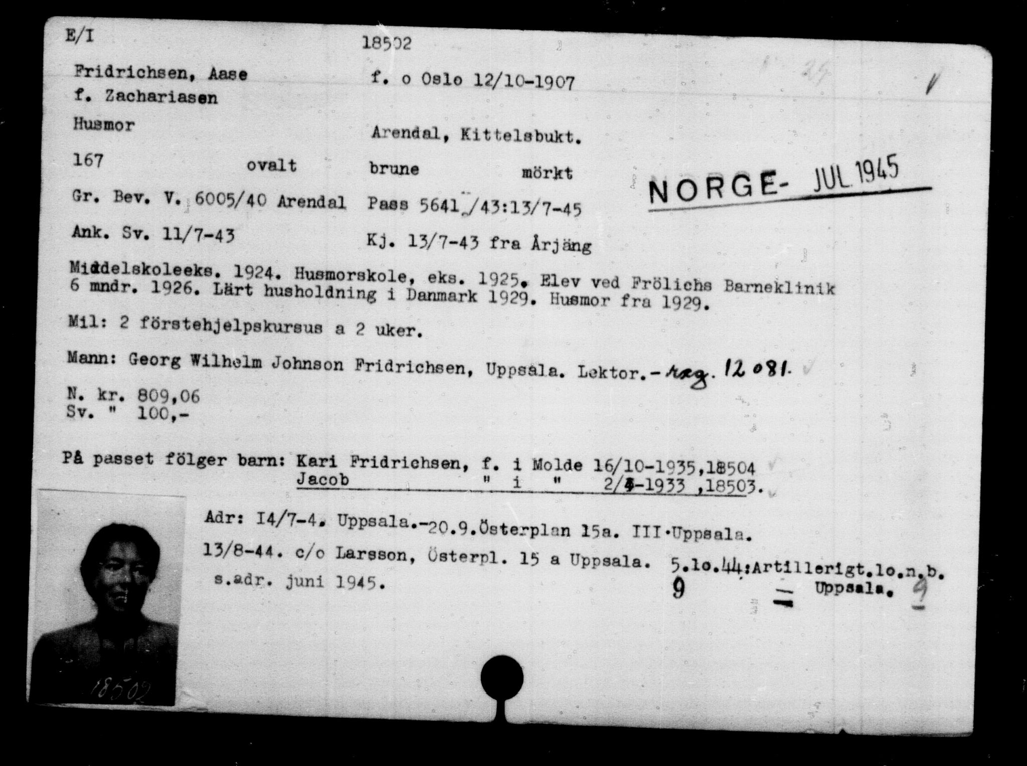 Utenriksstasjonene, Legasjonen i Stockholm, Flyktningkontoret, AV/RA-S-6753/V/Va/L0009: Kjesäterkartoteket, flyktninger med registreringsnr. 18502-22048, 1940-1945, s. 2