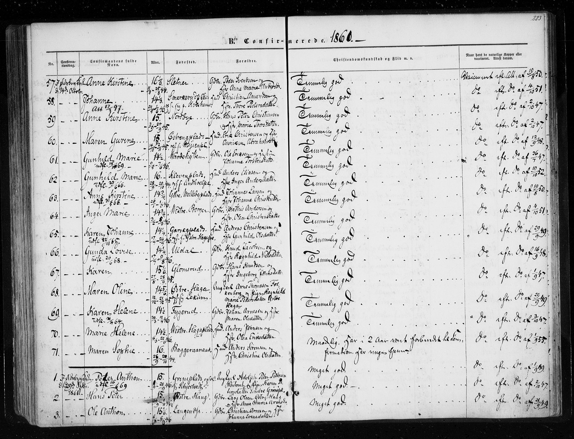 Eidsberg prestekontor Kirkebøker, AV/SAO-A-10905/F/Fa/L0010.a: Ministerialbok nr. I 10A, 1857-1866, s. 223