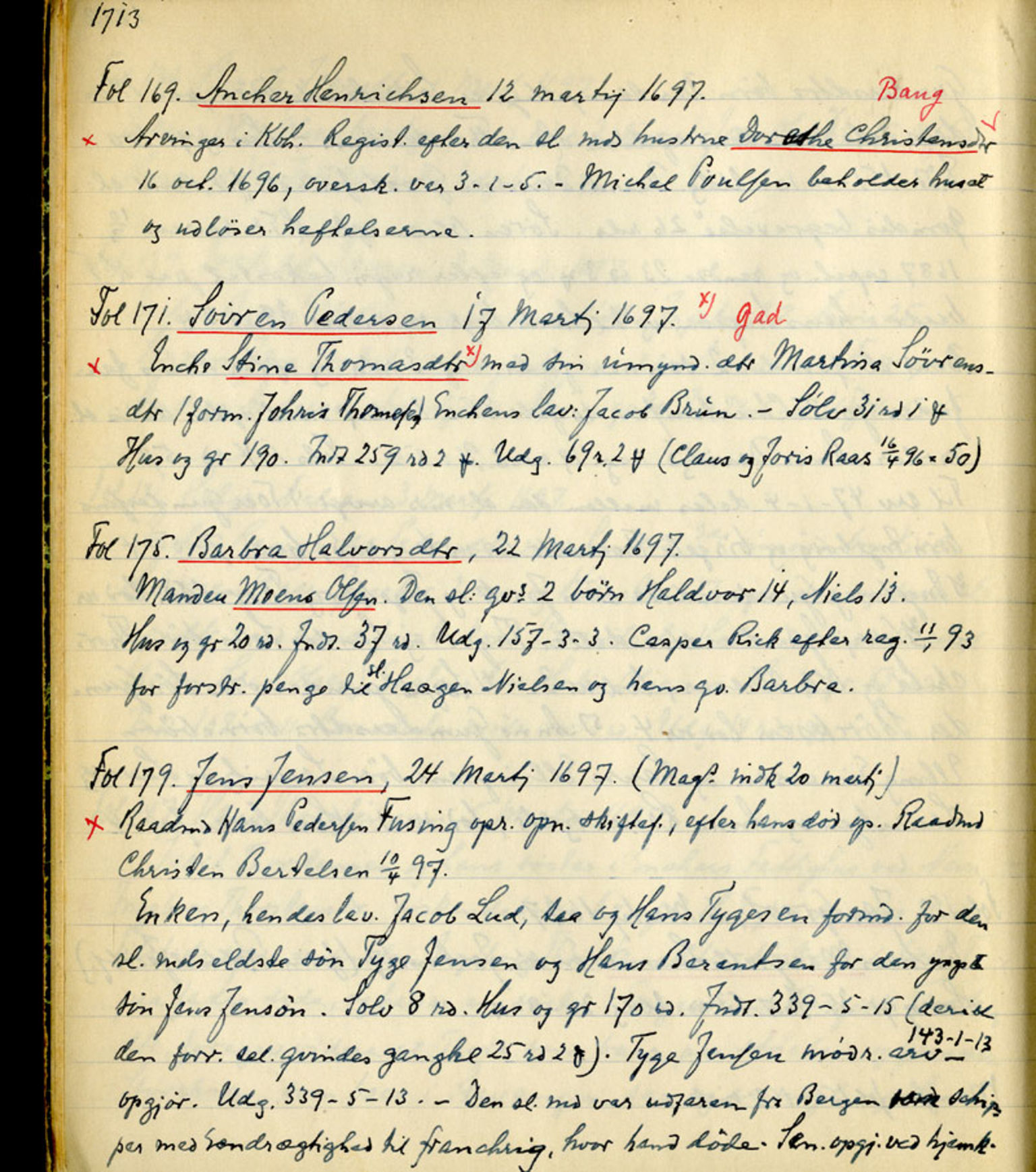 Sollied, Olaf og Thora - samlinger, AV/SAB-SAB/DA-0401/01/L0011/0002: Skifte: Utdrag av registreringsprotokoll / 97 Skifte: utdrag av registreringsprotokoll, 1696-1722, s. 1713