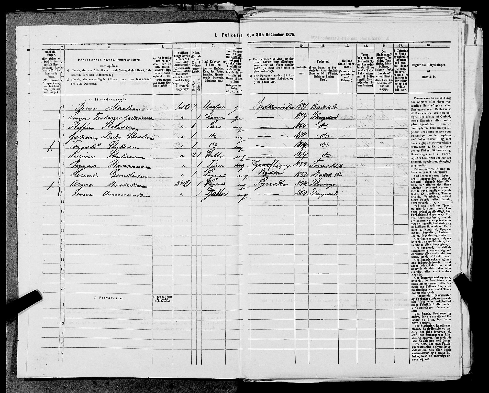 SAST, Folketelling 1875 for 1106B Torvastad prestegjeld, Haugesund kjøpstad, 1875, s. 399