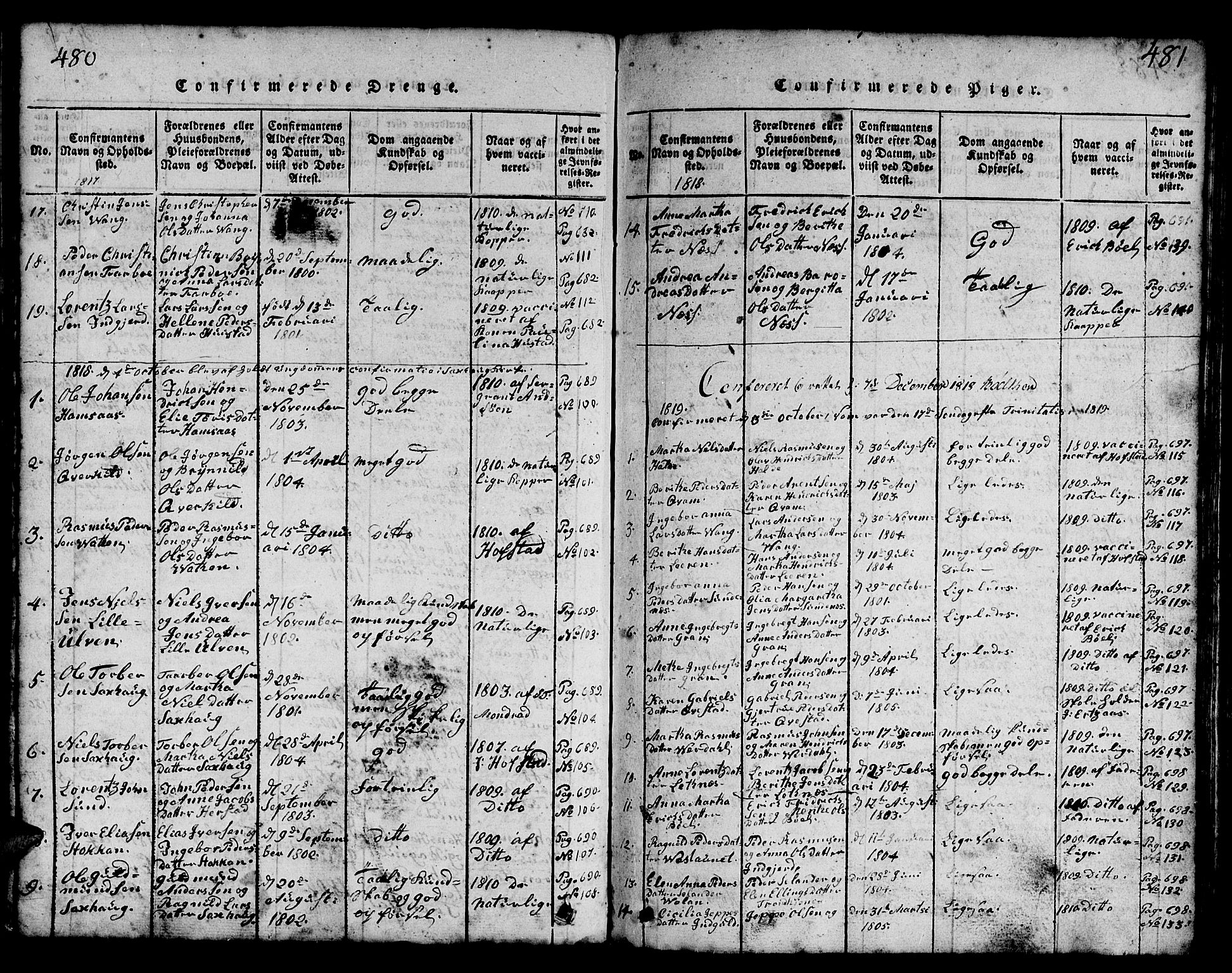 Ministerialprotokoller, klokkerbøker og fødselsregistre - Nord-Trøndelag, SAT/A-1458/730/L0298: Klokkerbok nr. 730C01, 1816-1849, s. 480-481