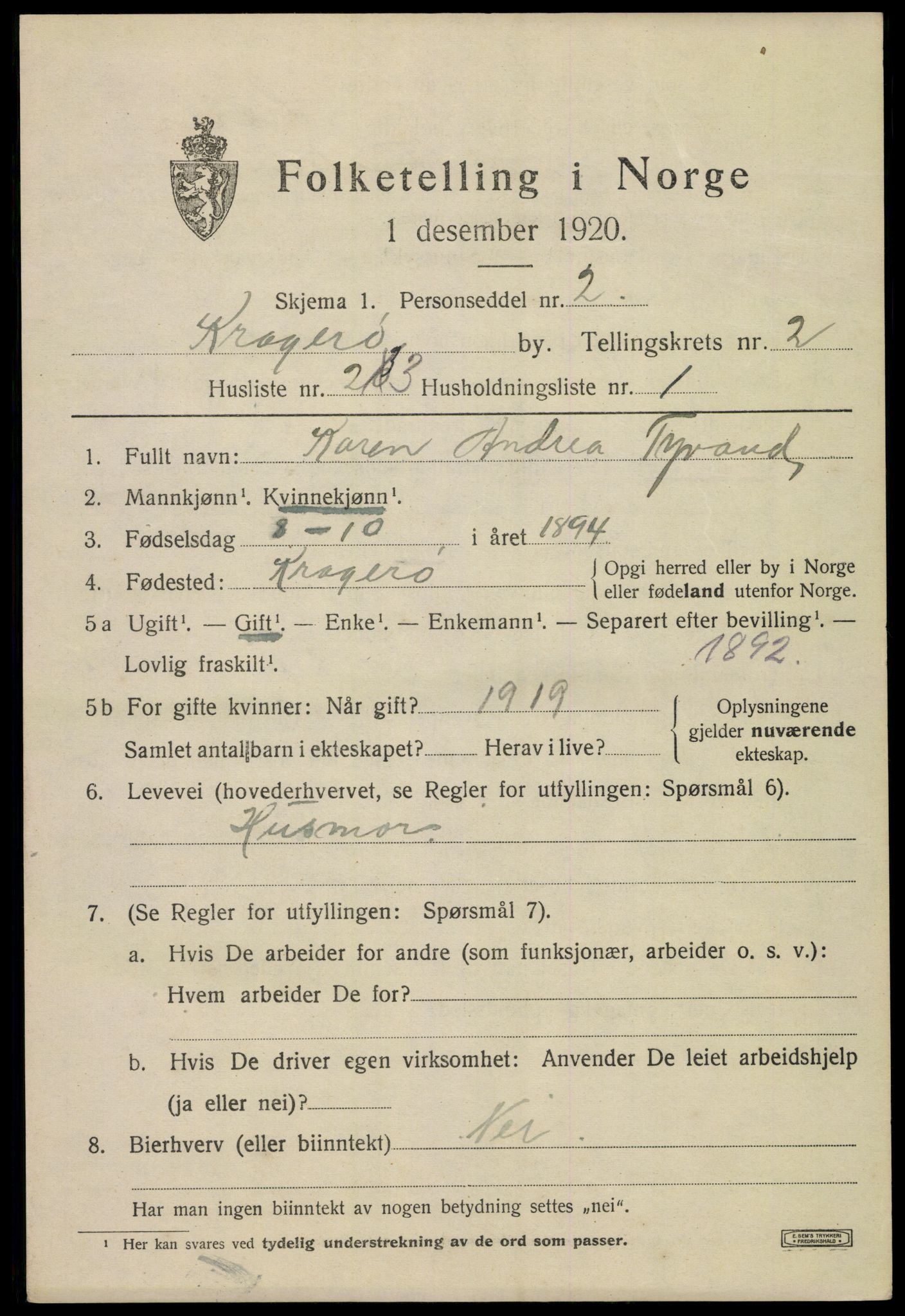 SAKO, Folketelling 1920 for 0801 Kragerø kjøpstad, 1920, s. 5625