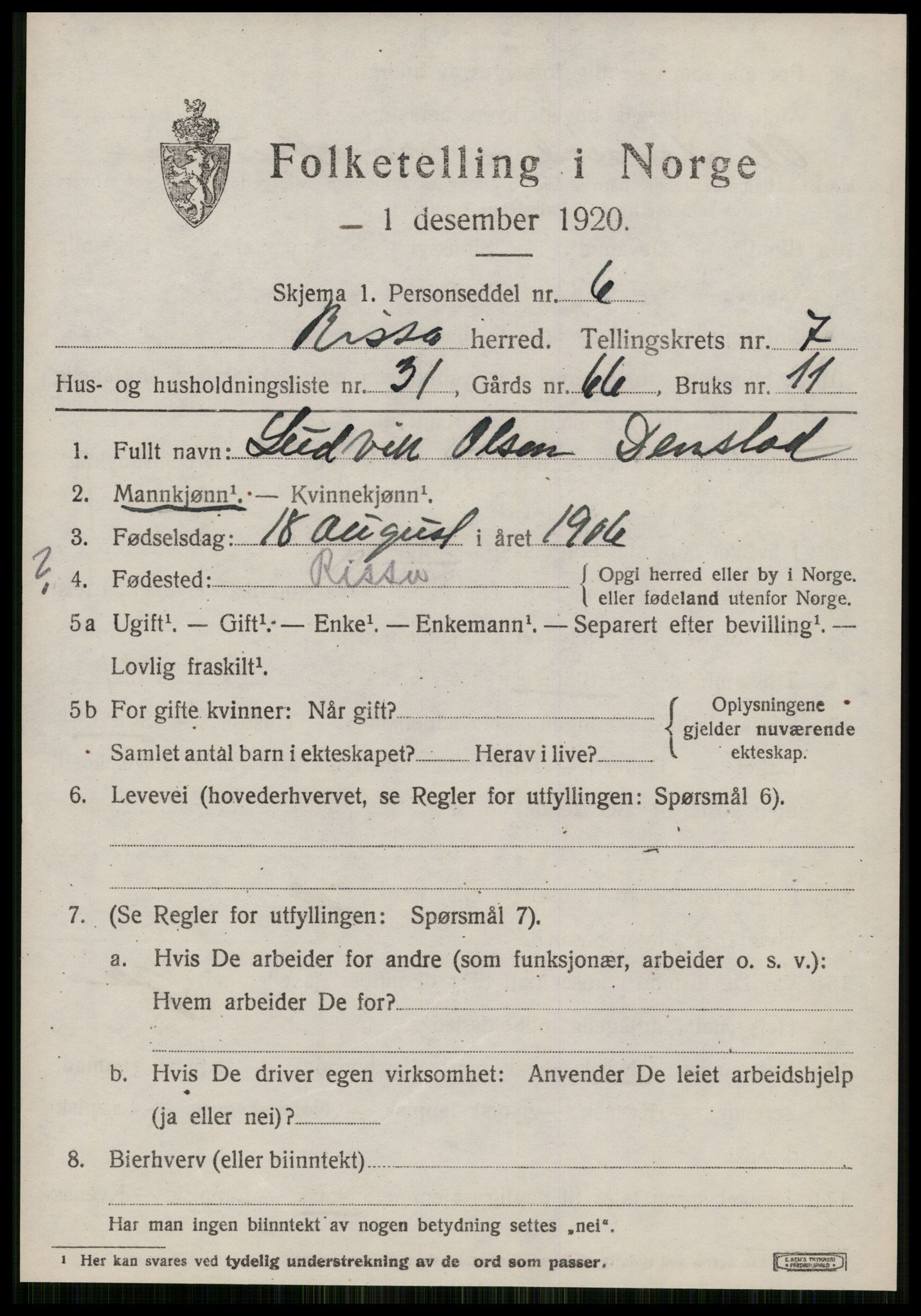 SAT, Folketelling 1920 for 1624 Rissa herred, 1920, s. 5187