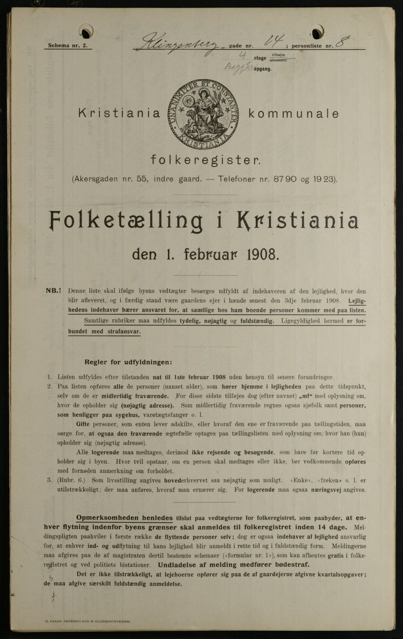 OBA, Kommunal folketelling 1.2.1908 for Kristiania kjøpstad, 1908, s. 46413