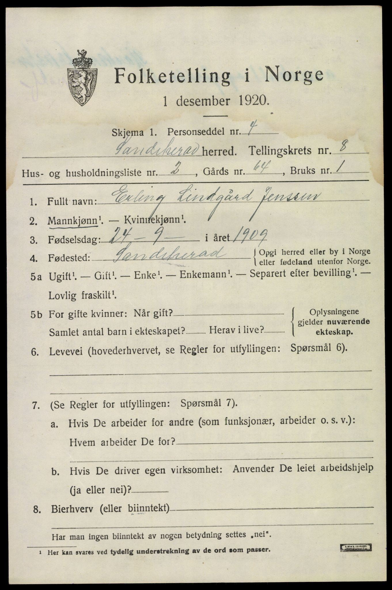 SAKO, Folketelling 1920 for 0724 Sandeherred herred, 1920, s. 12724