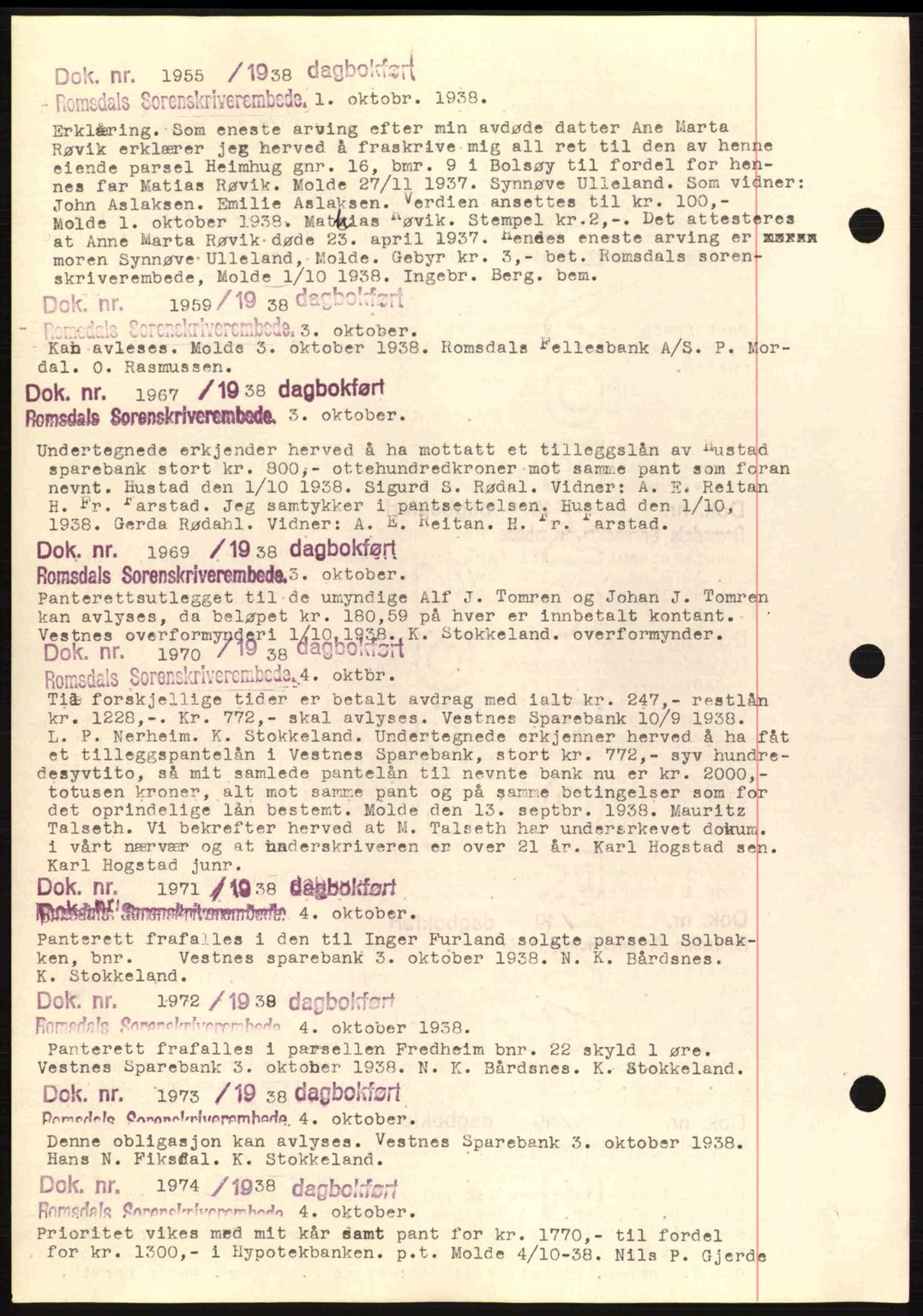 Romsdal sorenskriveri, AV/SAT-A-4149/1/2/2C: Pantebok nr. C1a, 1936-1945, Dagboknr: 1955/1938