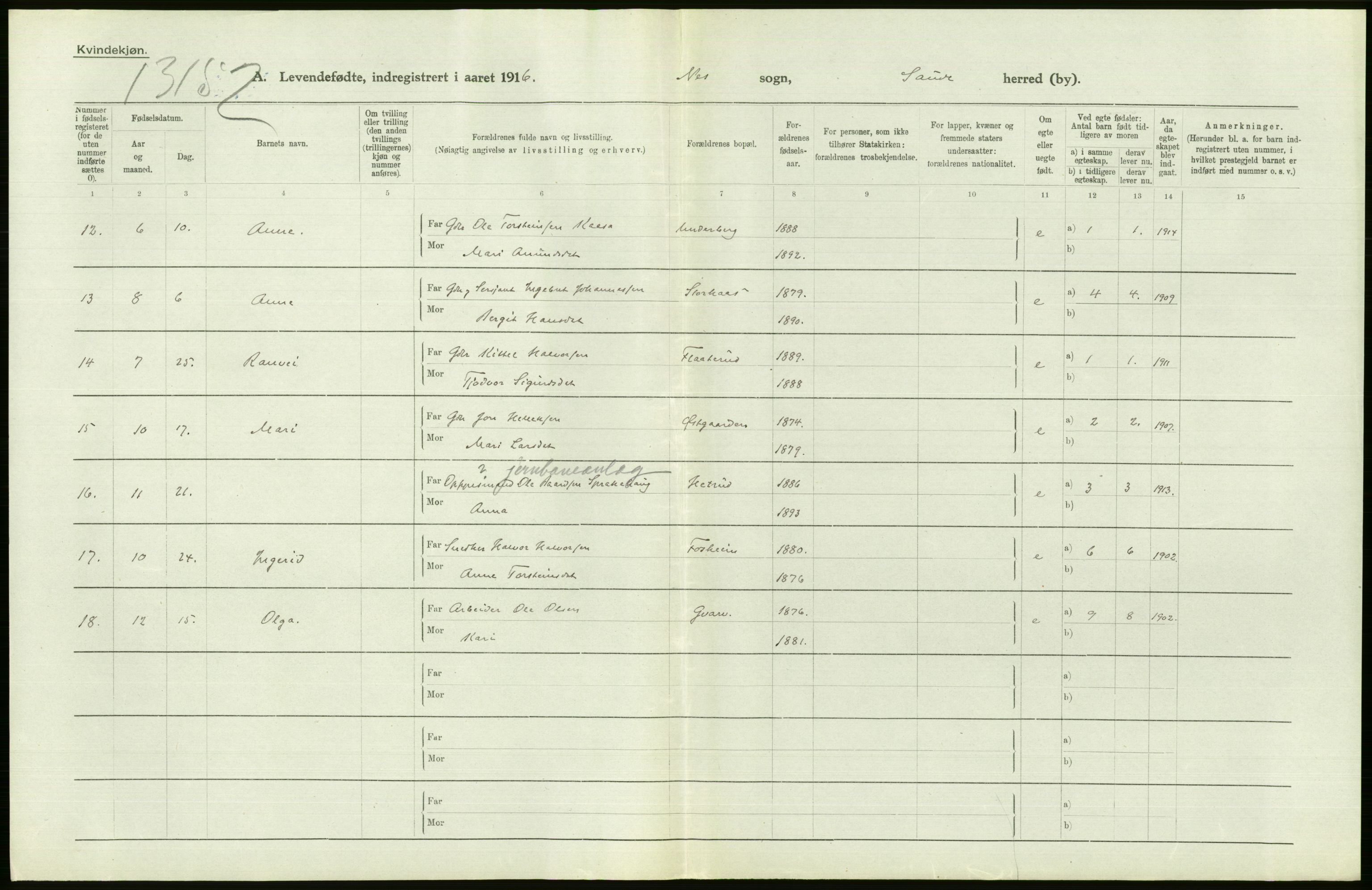 Statistisk sentralbyrå, Sosiodemografiske emner, Befolkning, AV/RA-S-2228/D/Df/Dfb/Dfbf/L0022: Bratsberg amt: Levendefødte menn og kvinner. Bygder., 1916, s. 274