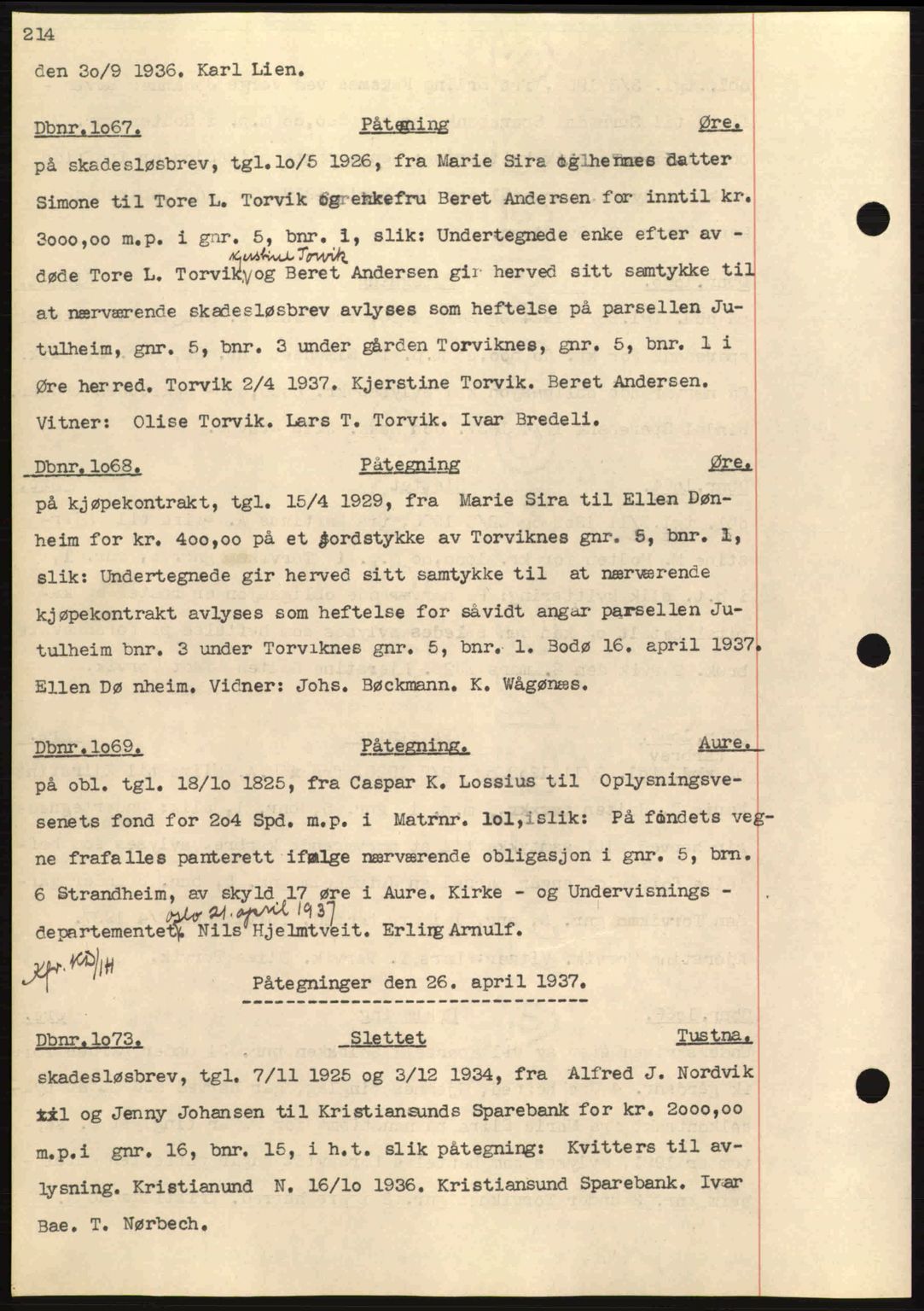 Nordmøre sorenskriveri, SAT/A-4132/1/2/2Ca: Pantebok nr. C80, 1936-1939, Dagboknr: 1067/1937
