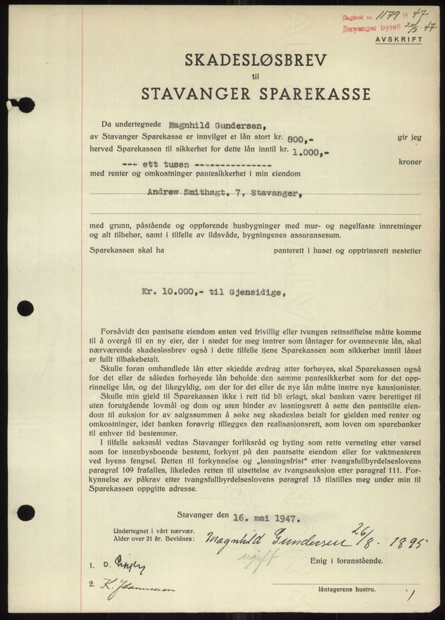 Stavanger byrett, SAST/A-100455/002/G/Gb/L0031: Pantebok, 1943-1947, Dagboknr: 1179/1947