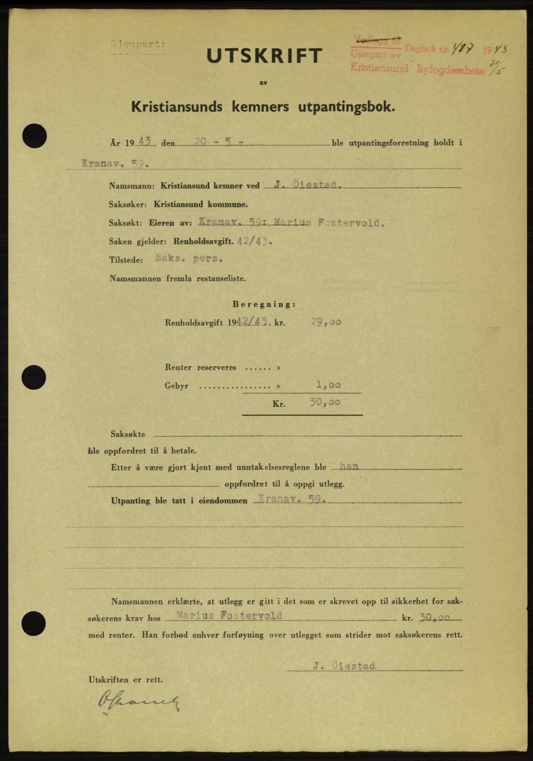 Kristiansund byfogd, SAT/A-4587/A/27: Pantebok nr. 36, 1942-1943, Dagboknr: 487/1943
