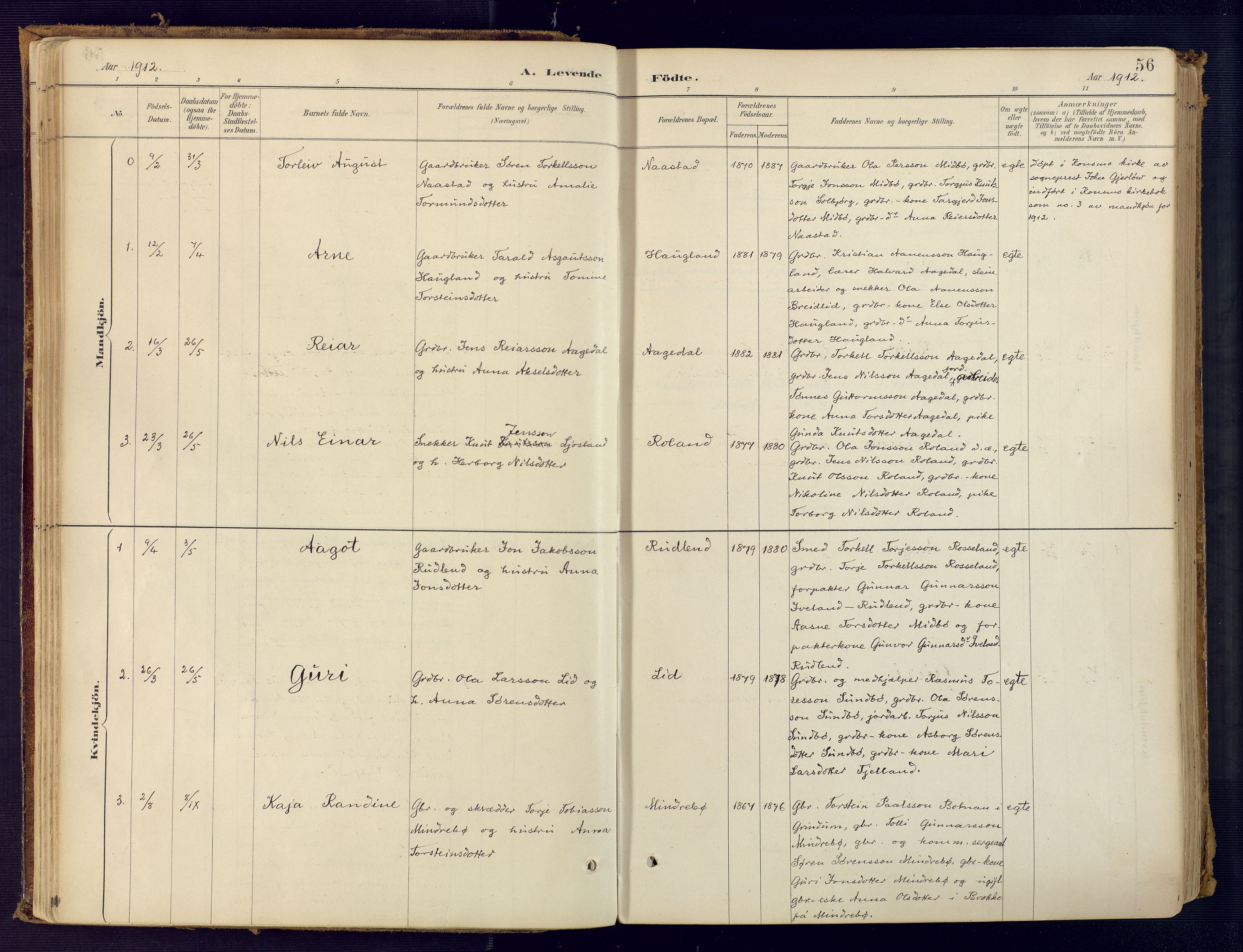 Bjelland sokneprestkontor, AV/SAK-1111-0005/F/Fa/Faa/L0004: Ministerialbok nr. A 4, 1887-1923, s. 56