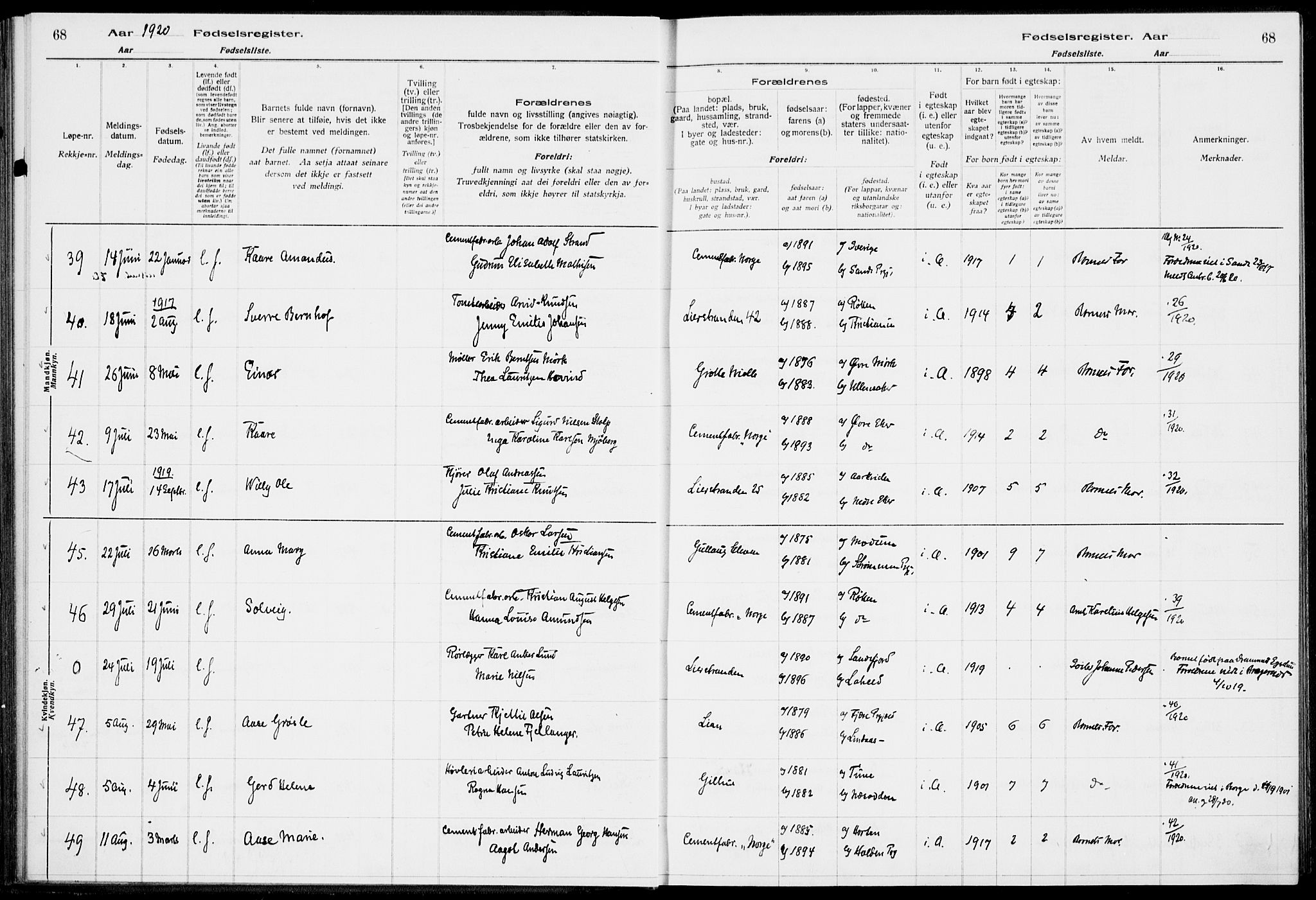 Lier kirkebøker, AV/SAKO-A-230/J/Ja/L0001: Fødselsregister nr. 1, 1916-1928, s. 68