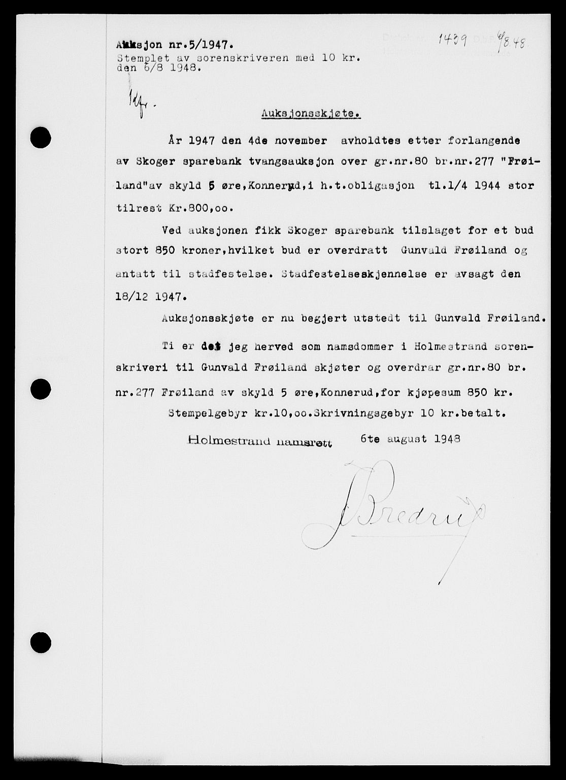 Holmestrand sorenskriveri, SAKO/A-67/G/Ga/Gaa/L0064: Pantebok nr. A-64, 1948-1948, Dagboknr: 1439/1948