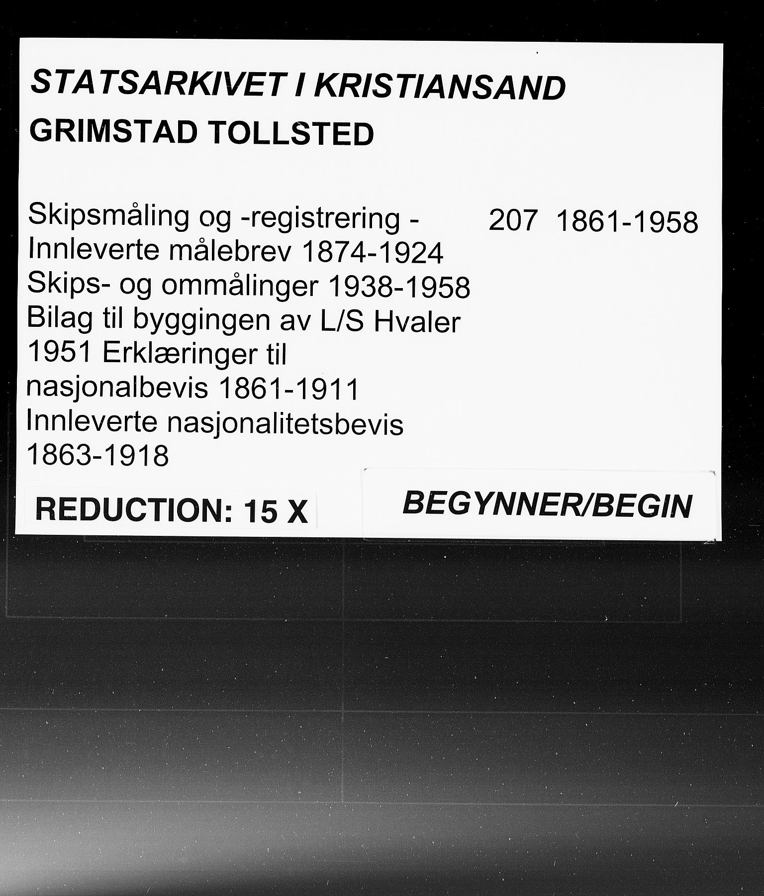 Grimstad tollsted, SAK/1351-0006/H/Ha/L0207: Innleverte målebrev, 1861-1958, s. 1